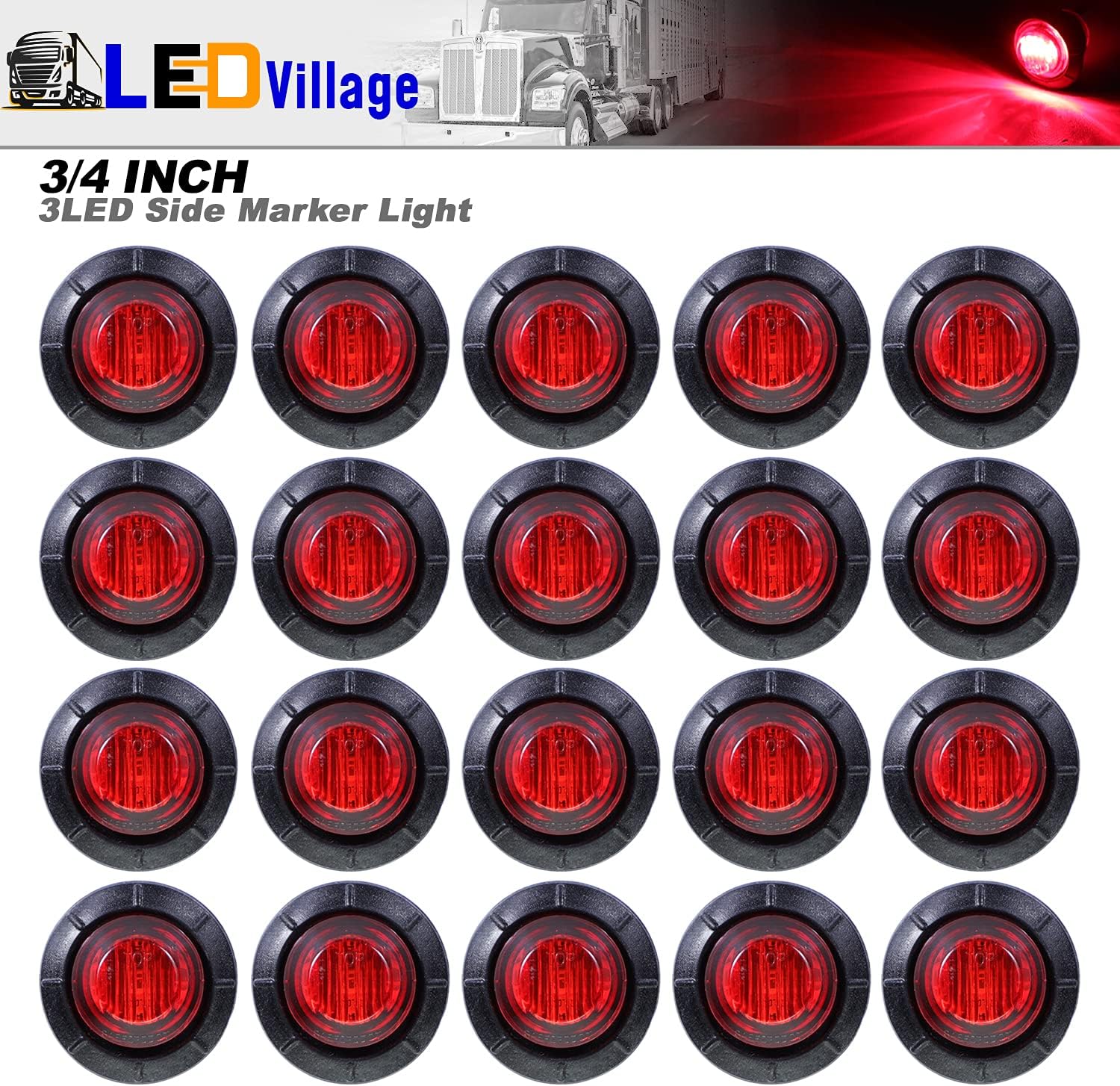 20 Pcs 3/4" Red LED Side Marker Lights – Sealed Mini Bullet Clearance Signal Lamps with Grommets, 12V DC 3-LED for Trailer, Truck, Boat, Pickup