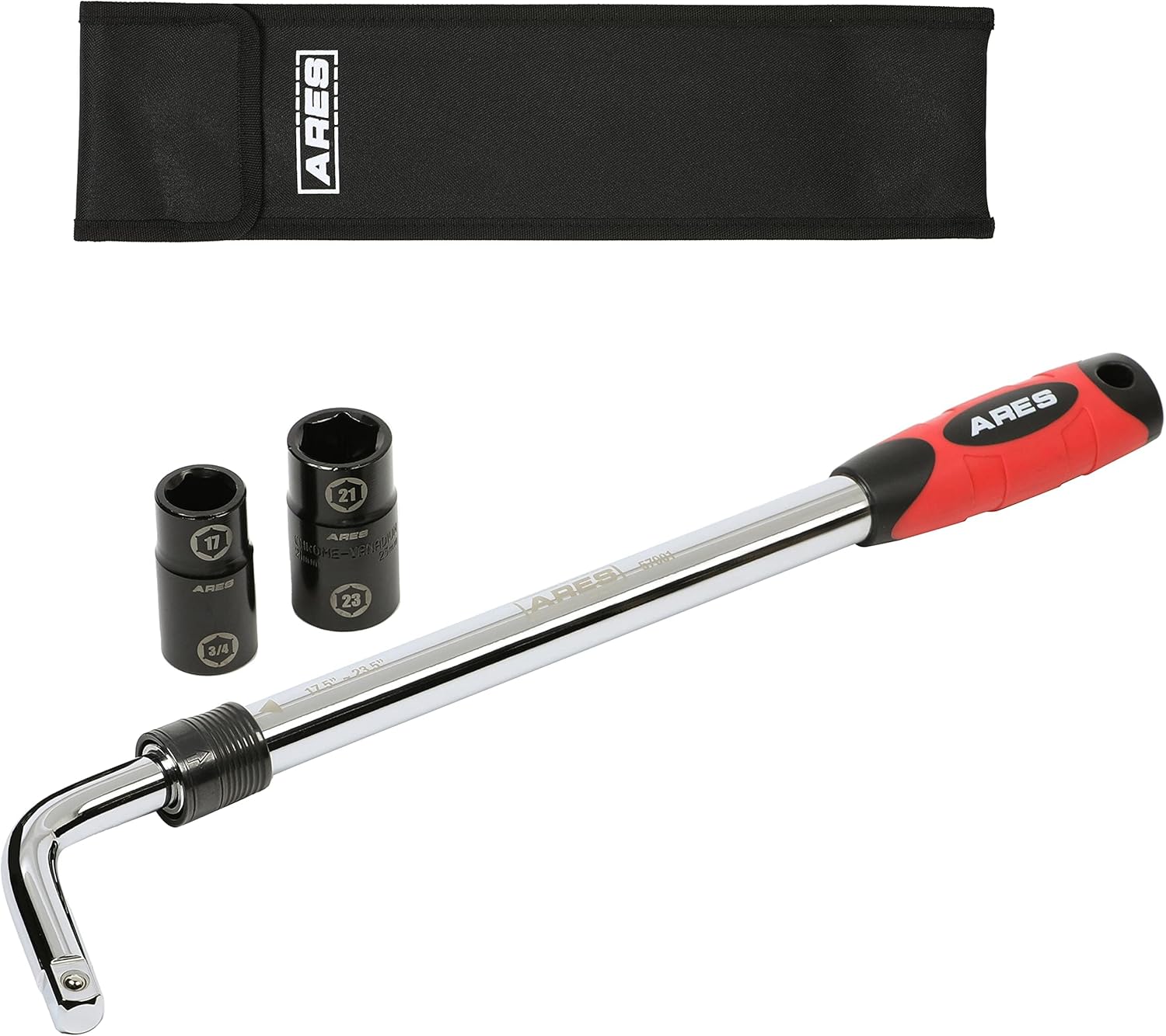ARES 57001 Heavy Duty Extendable Lug Wrench Set - Telescoping 17.5-23.5" High-Torque Tool with Flip SAE/Metric Sockets