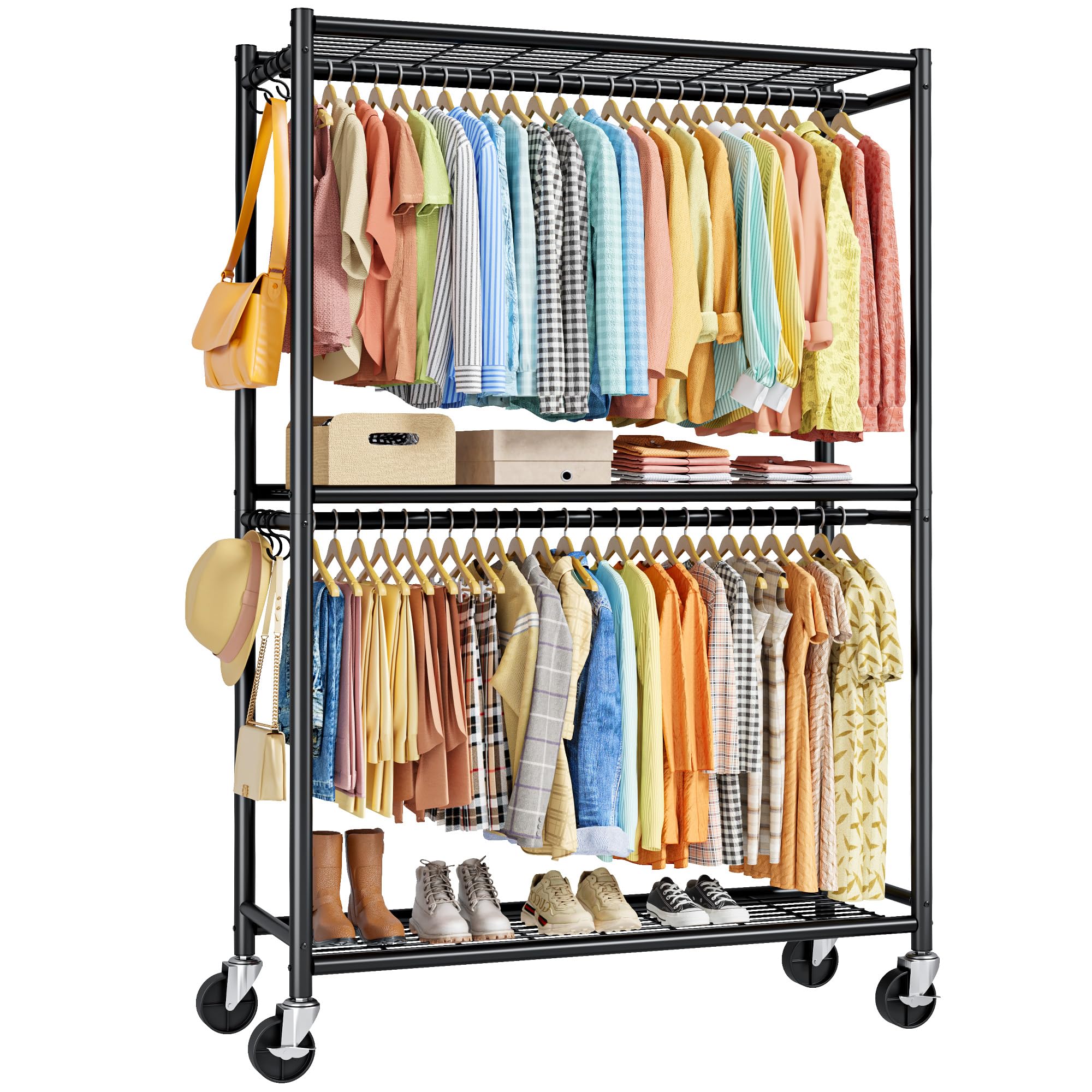 Sakugi Clothes Rack - 45.2" x 12.6" x 80.7" Clothing Rack with Shelves &amp; Wheels, Multi-Functional Wardrobe Closet with Hooks, Sturdy Metal Garment Rack for Bedroom, Laundry, Balcony (Black)