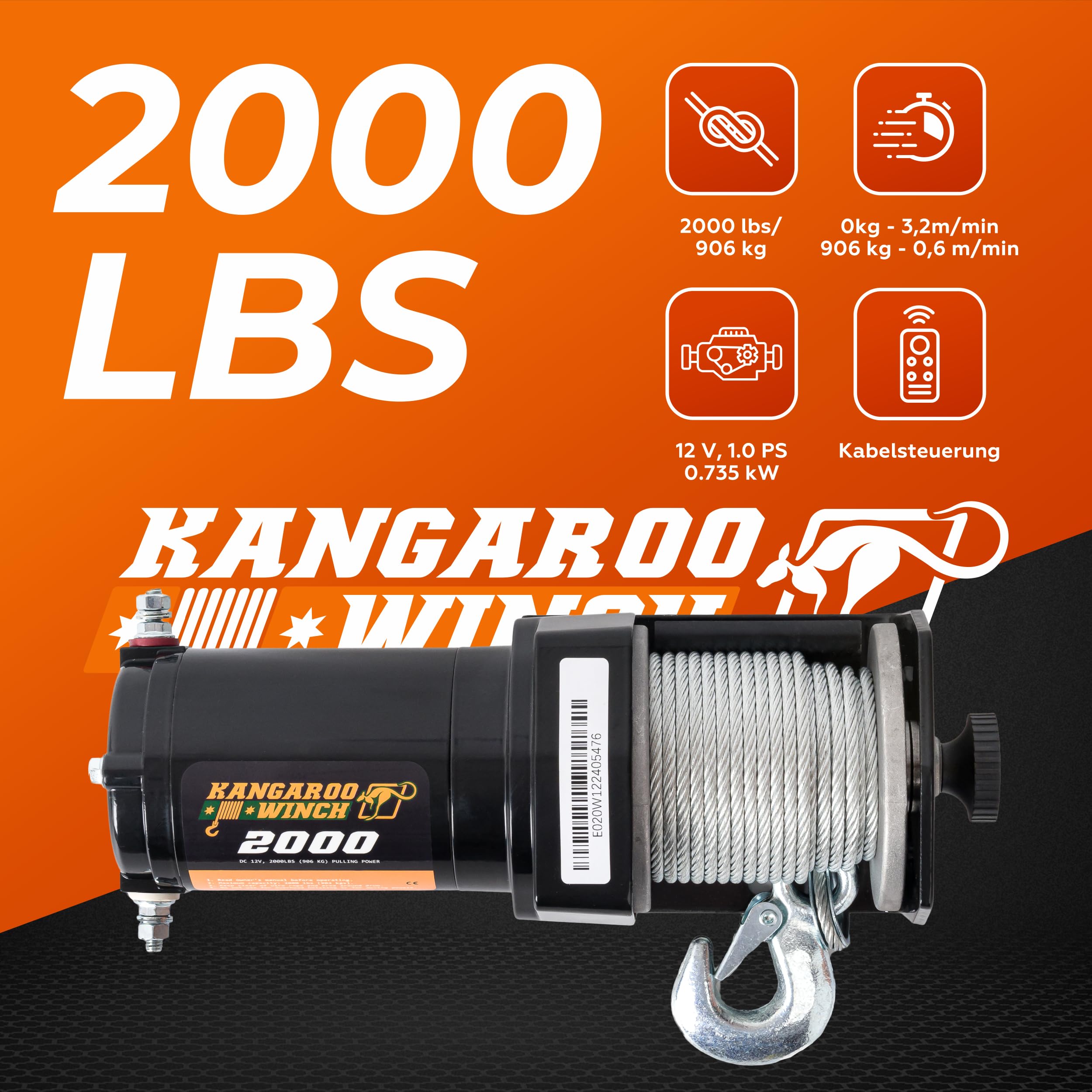 Elektrische Seilwinde 12V - 2000 LBS / 906 kg Zugkraft - Ideal für ATV, Quad und Offroad Einsätze - Robuste Konstruktion - Inklusive Stahlseil und Praktischer Kabelfernbedienung (K2000)