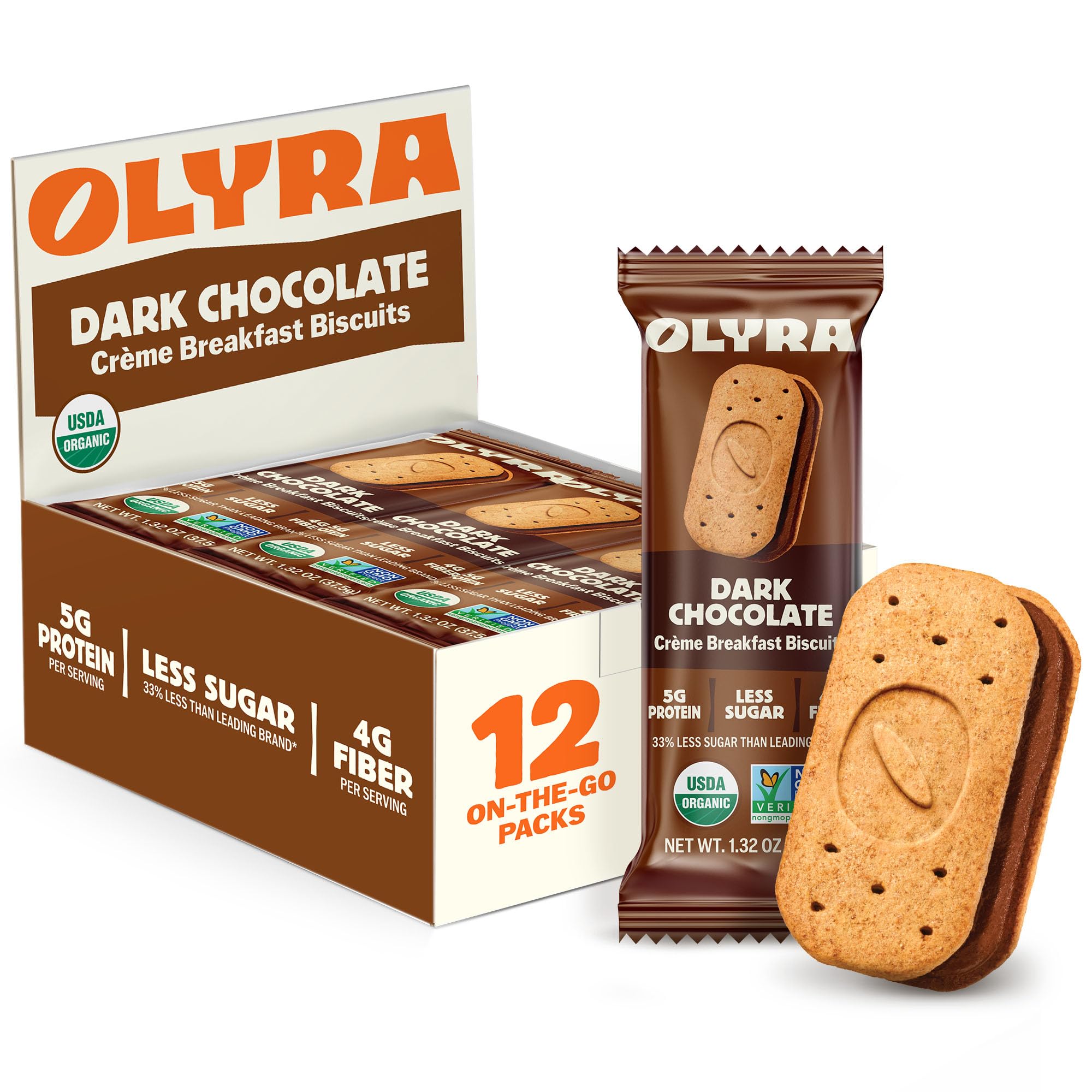 Olyra Dark Chocolate Sandwich Breakfast Biscuits, Healthy Snacks for Kids and Adults, Low Sugar, High Fiber Cookies, Organic Kids Snacks, with Ancient Greek Grains, USDA Certified Organic, Non GMO, 12 PacksOlyra Dark Chocolate Sandwich Breakfast Biscui…