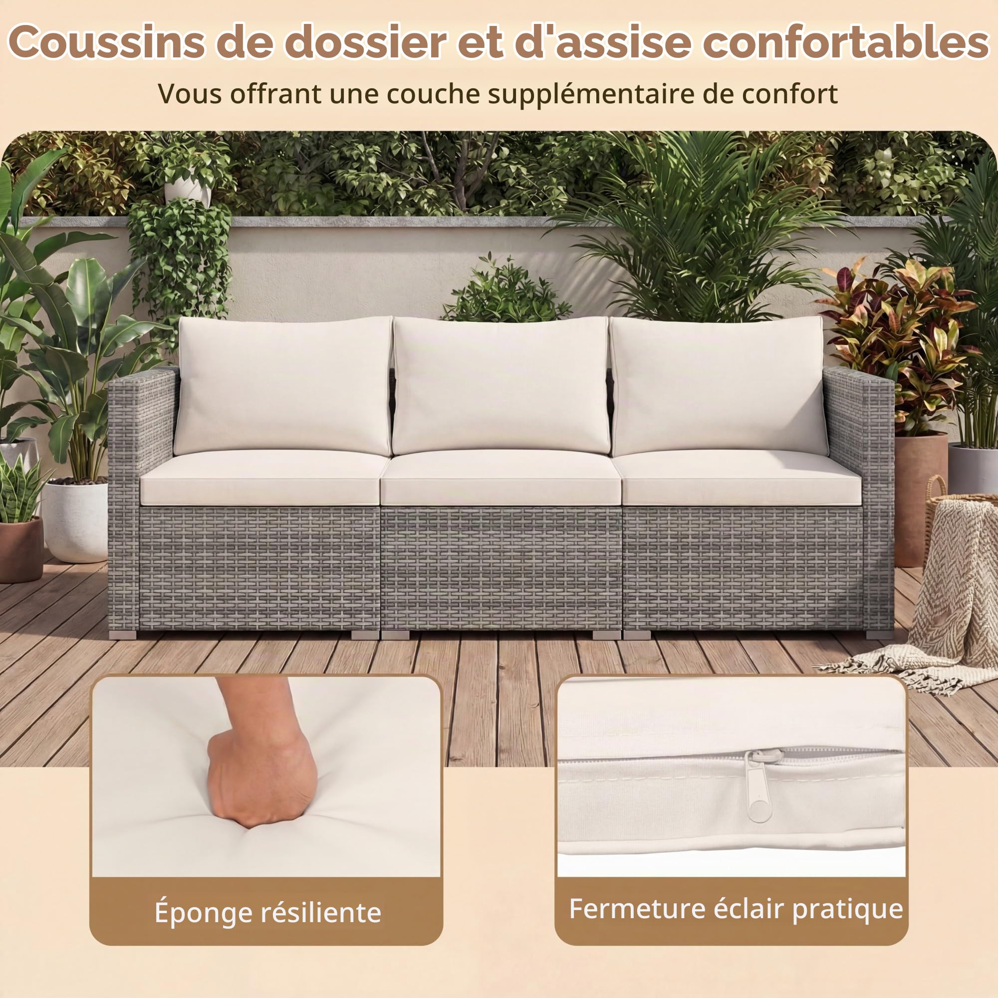 Giantex Ensemble Canapé de Jardin 3 Pièces, Canapé Extérieur en Rotin PE, Coussins Rembourrés, Salon de Jardin Exterieur pour Patio, Véranda, Balcon, 193 x 67 x 61,5 cm, Gris+Blanc