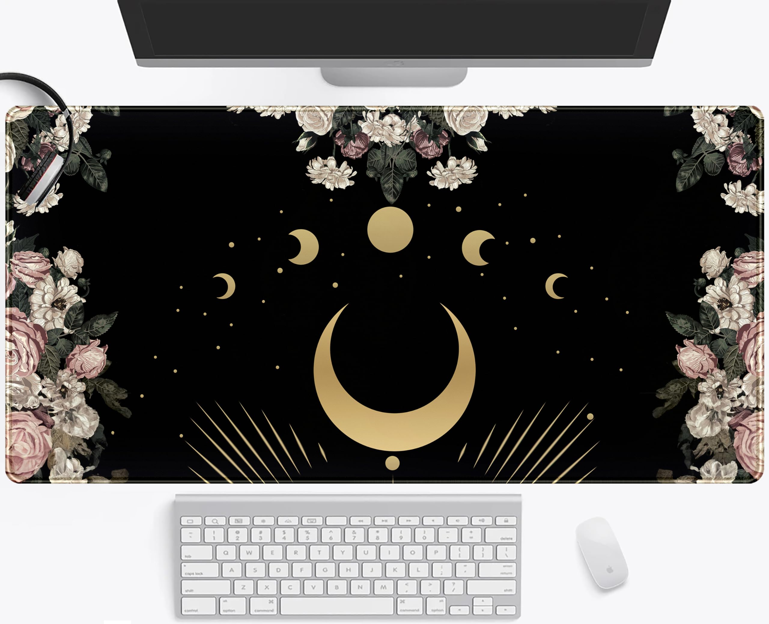 Pale Roses Moon Desk Mat Black Flowers Desk Pad, Large Mouse Pad XXL Gaming Mat Laptop Keyboard Pad for Desk, Office Decor Sewn Edge Mousepad, Aesthetic Desktop Accessories Mouse Mat 31.5"x15.75"