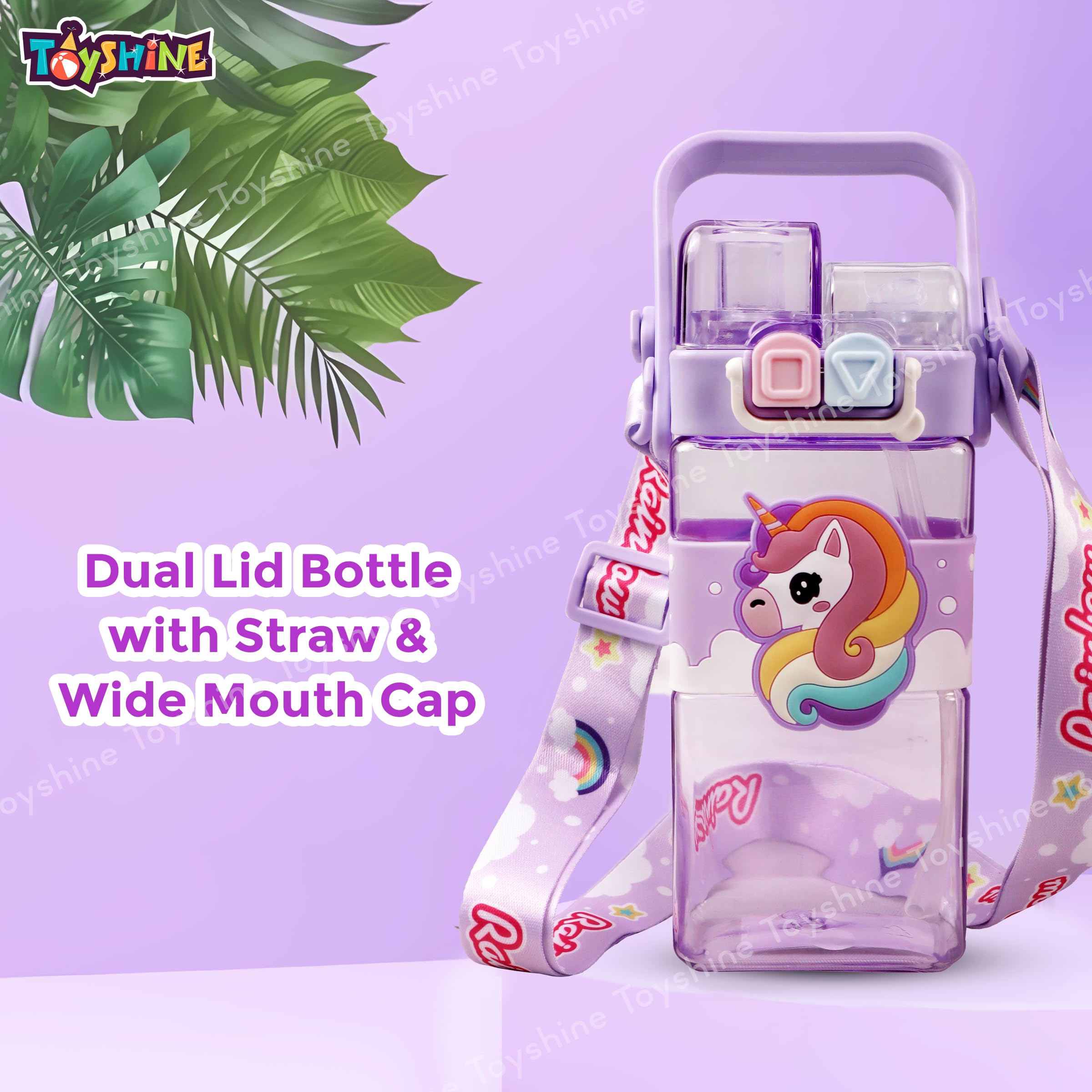Toyshine 520ML Unicorn Theme BPA Free Water Bottle with Dual Cap | Double Drinking Straw Cup | Leak-Proof | Strap & Carry Handle | Portable Handheld Kids Tumbler Perfect for Travel Picnic Sport School - Image 3 thumbnail