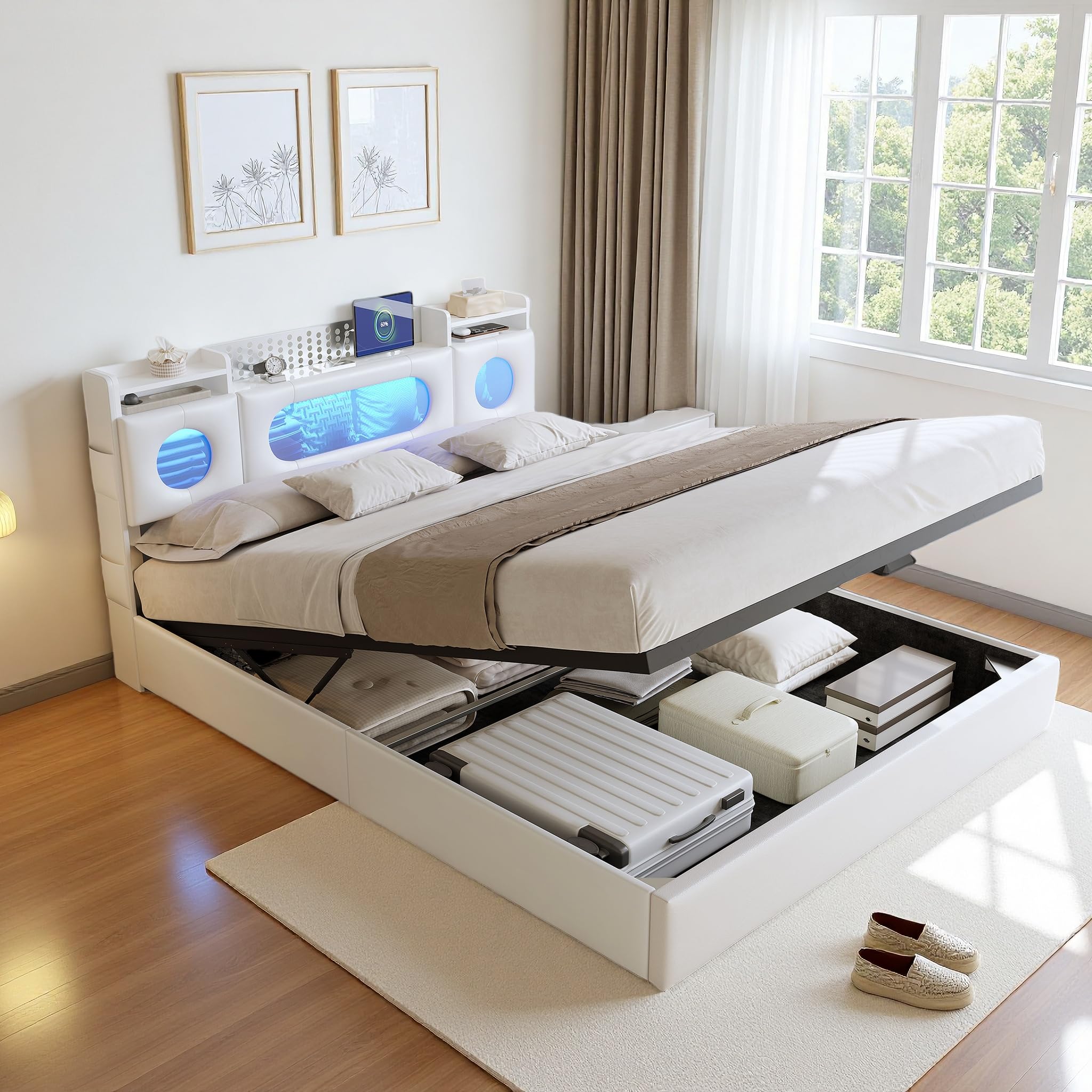 KeepGoon Cama de Matrimonio de 140 x 200 cm, de Poliuretano, con cabecero abatible, Tira de luz LED e interfaces USB y Type-C con somier de láminas y función de Almacenamiento