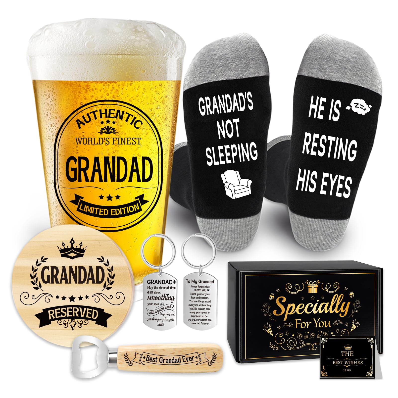 Epaing Grandad Birthday Gifts Beer Glass Set, 500ml Pint Glass Grandad Gifts from Grandchildren, Personalised Beer Glass and Socks Presents for Retirement, with Keyring Bottle Opener Coaster Card