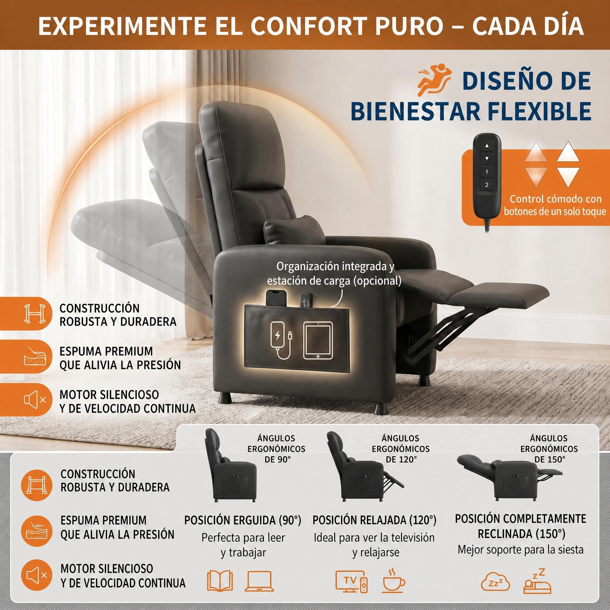 GarveeLife Sillón Relax Reclinable Eléctrico con Masaje de 4 Puntos y Calefacción Lumbar, Tapizado en PU, Reposapiés Eléctrico, Puerto USB C, Negro