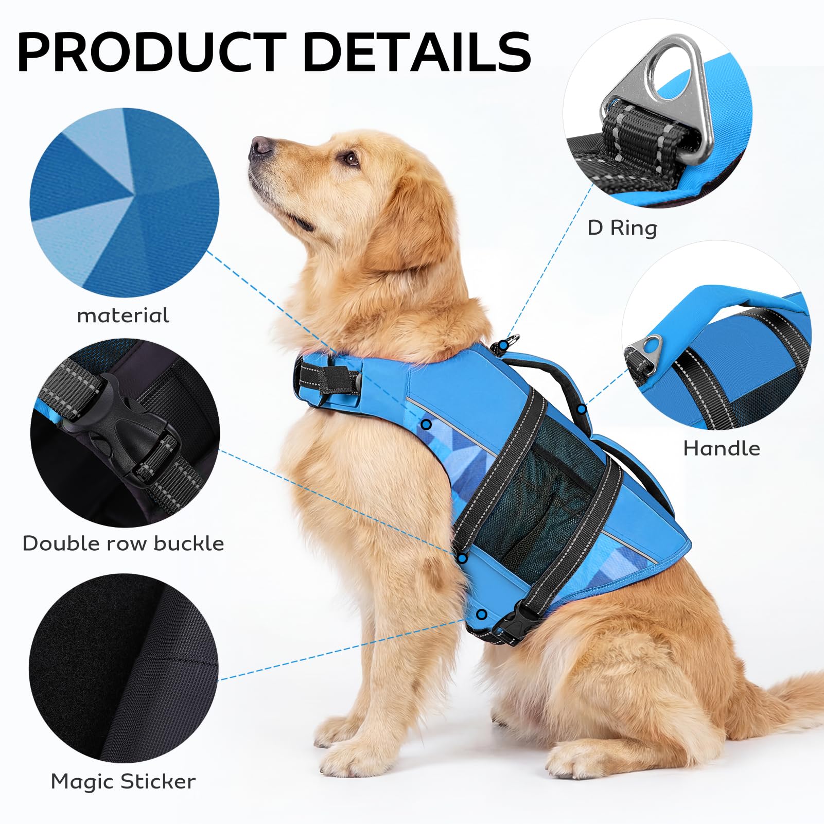 CITÉTOILE Giubbotti di Salvataggio per Cani, Regolabile Salvagente per Animali con Manico, Costume da Bagno di Sicurezza in Acqua per la Vela in Piscina Sulla Spiaggia, Blu, M
