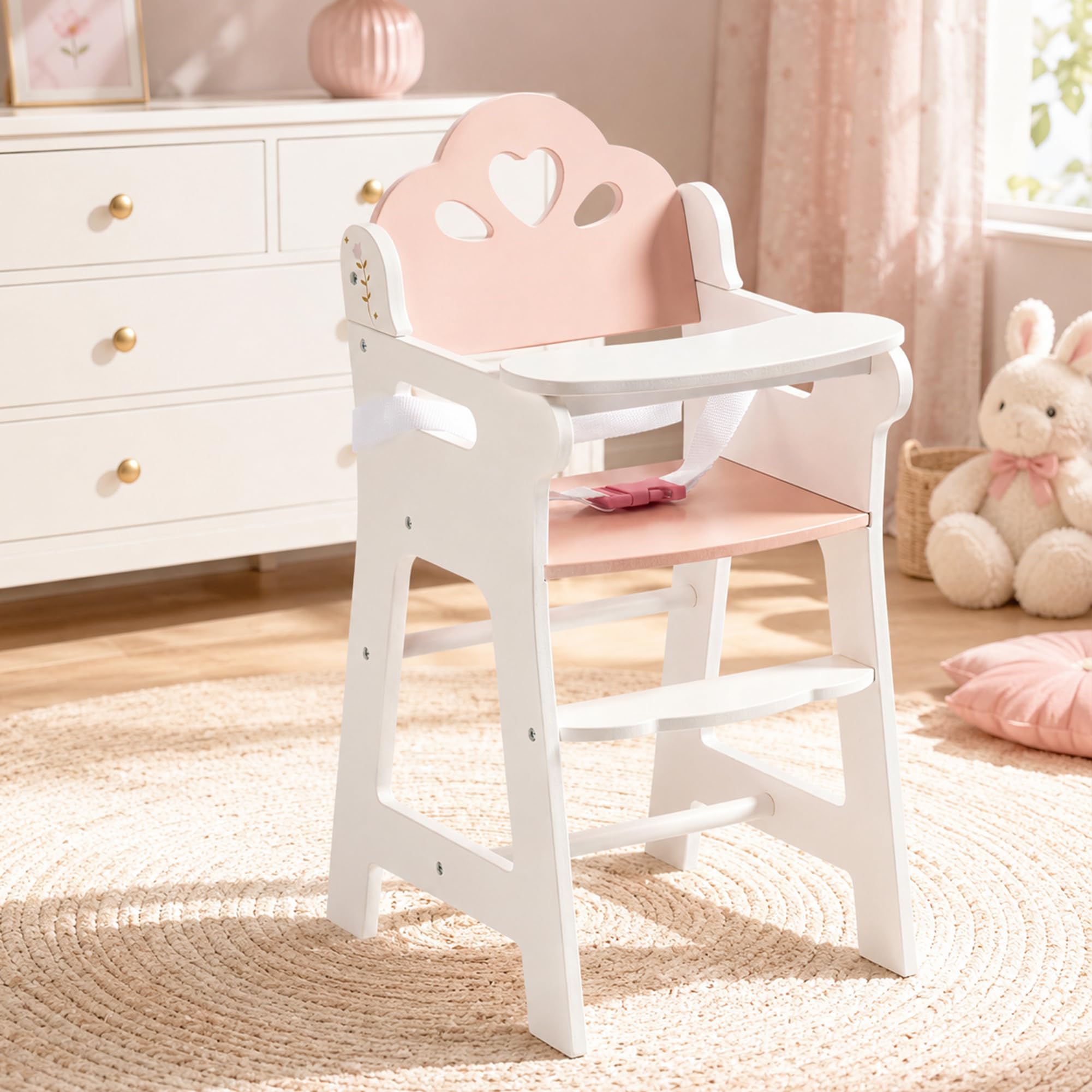 ROBOTIME Baby Puppen Hochstuhl, Holz Puppenmöbel für Puppen bis 18 Zoll, mit Sicherheitsgurt & Fußablage, Stabiler & stilvoller Puppens Fütterungsstuhl, Puppenzubehör für Kinder ab 3 Jahren (Weiß)