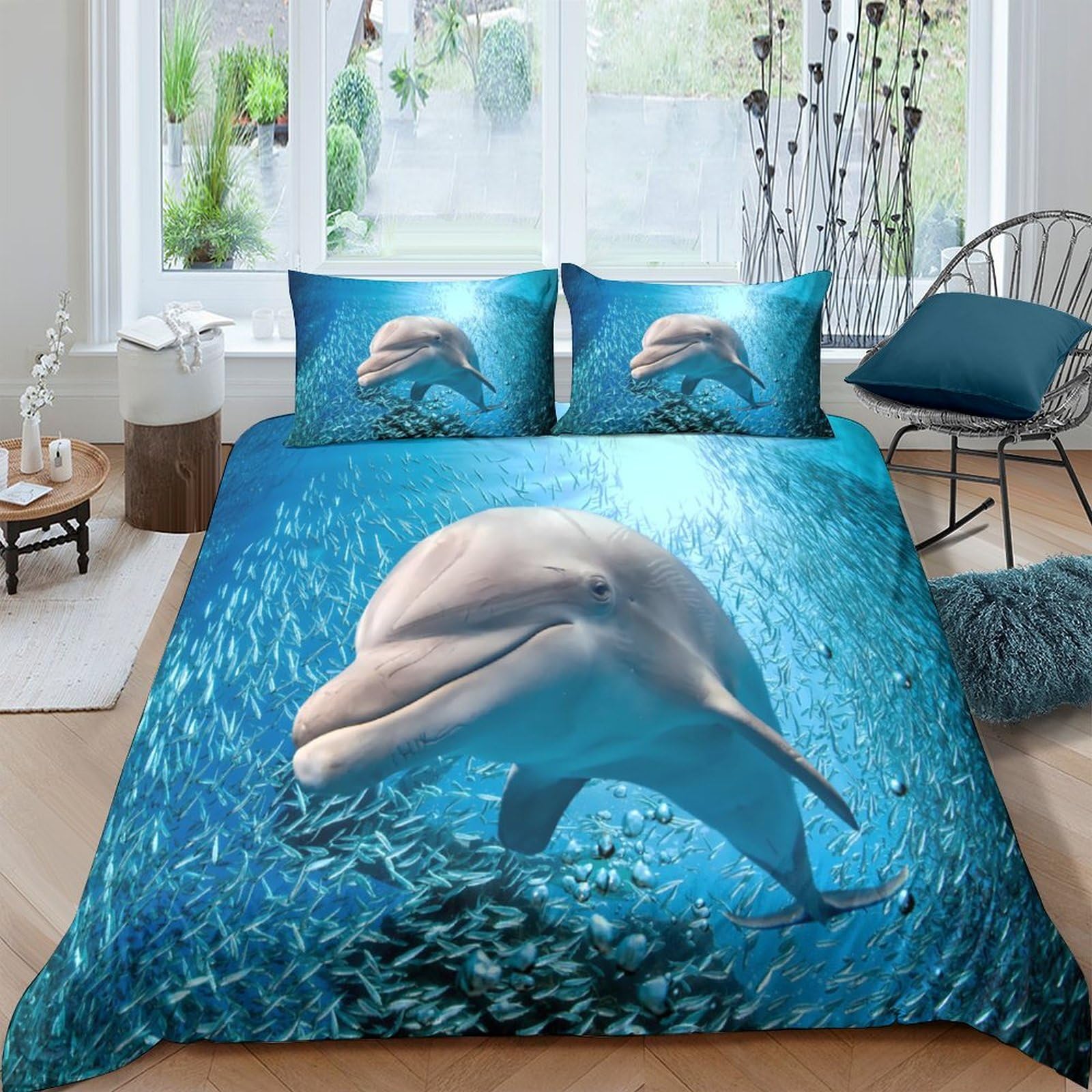 P5V6M1Q9 3D Printed Dolphin Ocean Duvet Cover Set Microfiber Soft Breathable Sea Life Bedding with 2 Pillowcases for Bedroom Single（135x200cm）