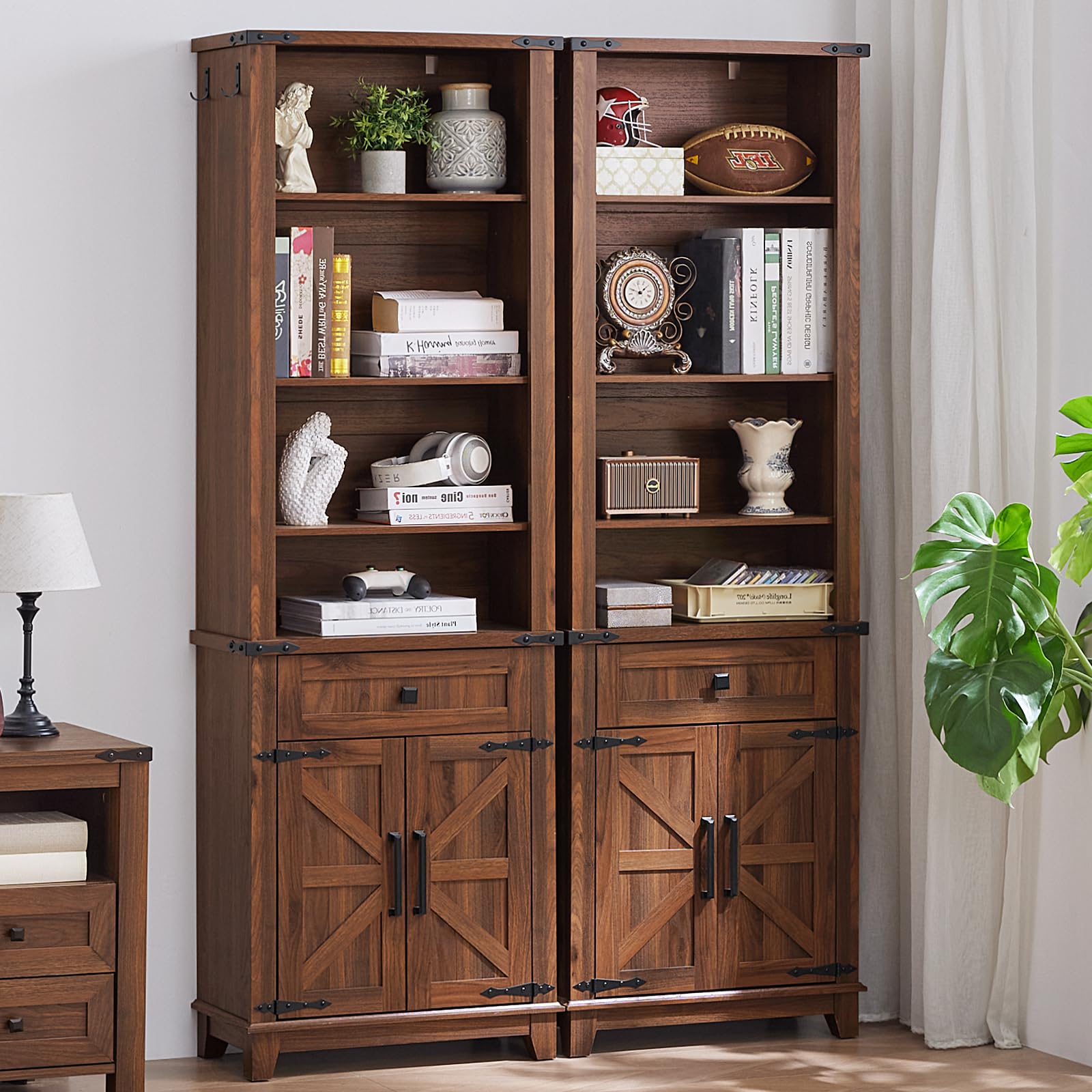 Joaxswe 72in Tall Bookshelf 7 Tier Bookcase with Drawer and Barn Doors and Adjustable Shelves, Brown Farmhouse Book Shelf with Storage Cabinet, Wood