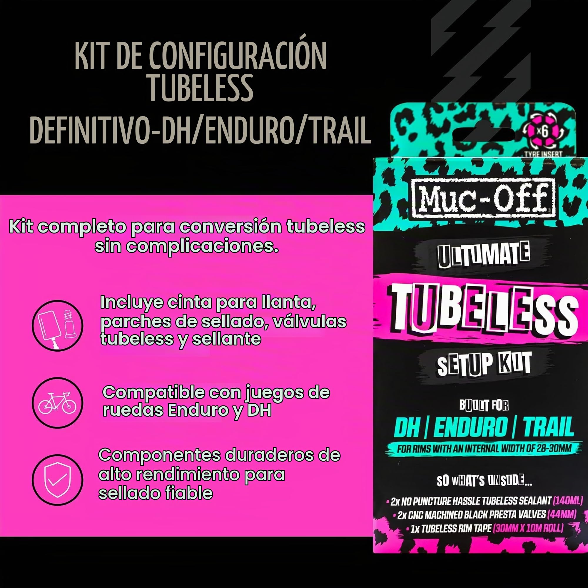 Muc-Off Ultimate Tubeless Setup Kit - Kit Sellador de Neumáticos para Reparación de Rueda de Bicicleta Tubeless, DH Wide - Incluye Fondo de Llanta, Parches, Válvulas y Sellador de Ruedas