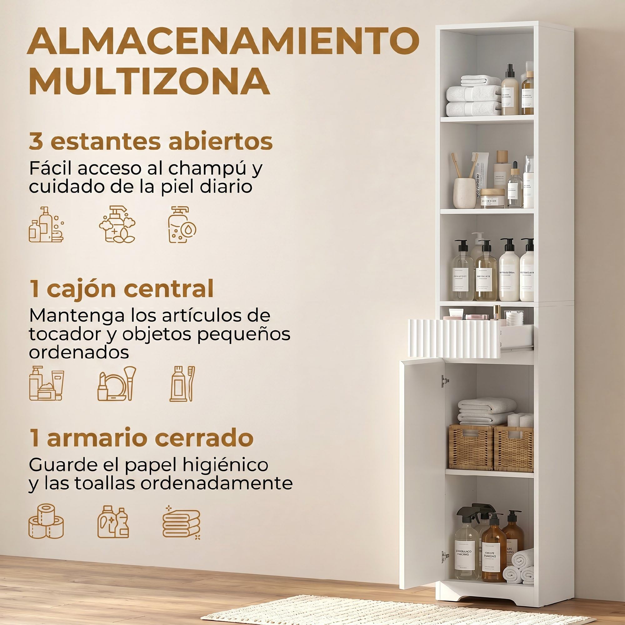 HOMCOM Armario de Baño Alto para Espacios Pequeños 33x30x172 cm Blanco | Mueble Auxiliar de Baño Estrecho con Cajón, Diseño Acanalado, Estante Ajustable, Estantes Abiertos