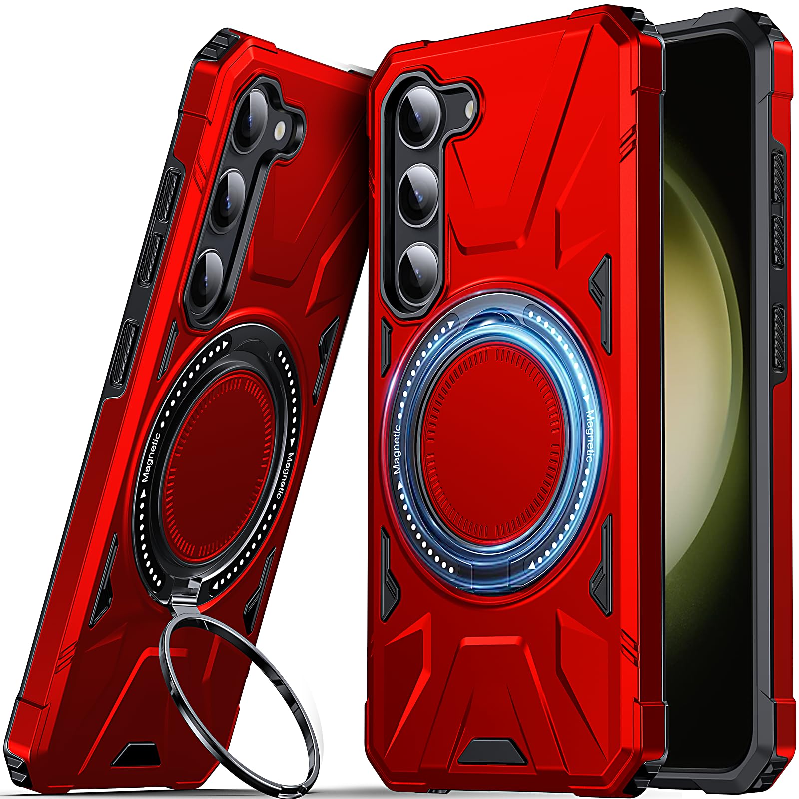 DASFOND Armor Shockproof Galaxy S23 Case, Hard Rugged, with 360 Rotate Ring Kickstand, Heavy Duty Protection Hard Phone Case Cover for Samsung Galaxy S23, Red