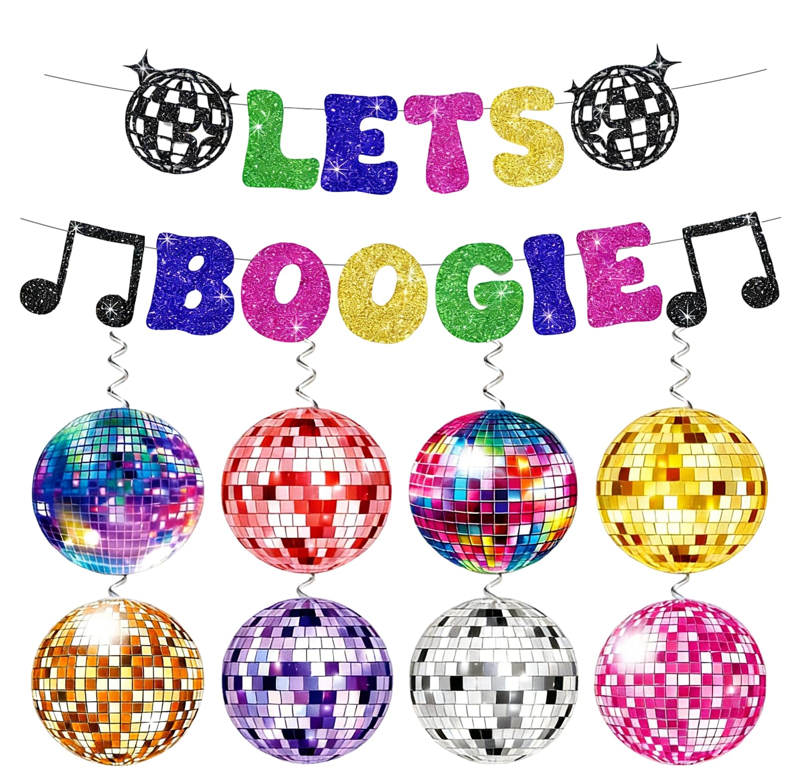 Hedayu Disco Party Decorations, Disco Ball Decorations, Glitter Let's Boogie Hanging Banner, Multicolor Disco Ball Photo Props for 70s 80s 90s Retro Birthday Party Decoration