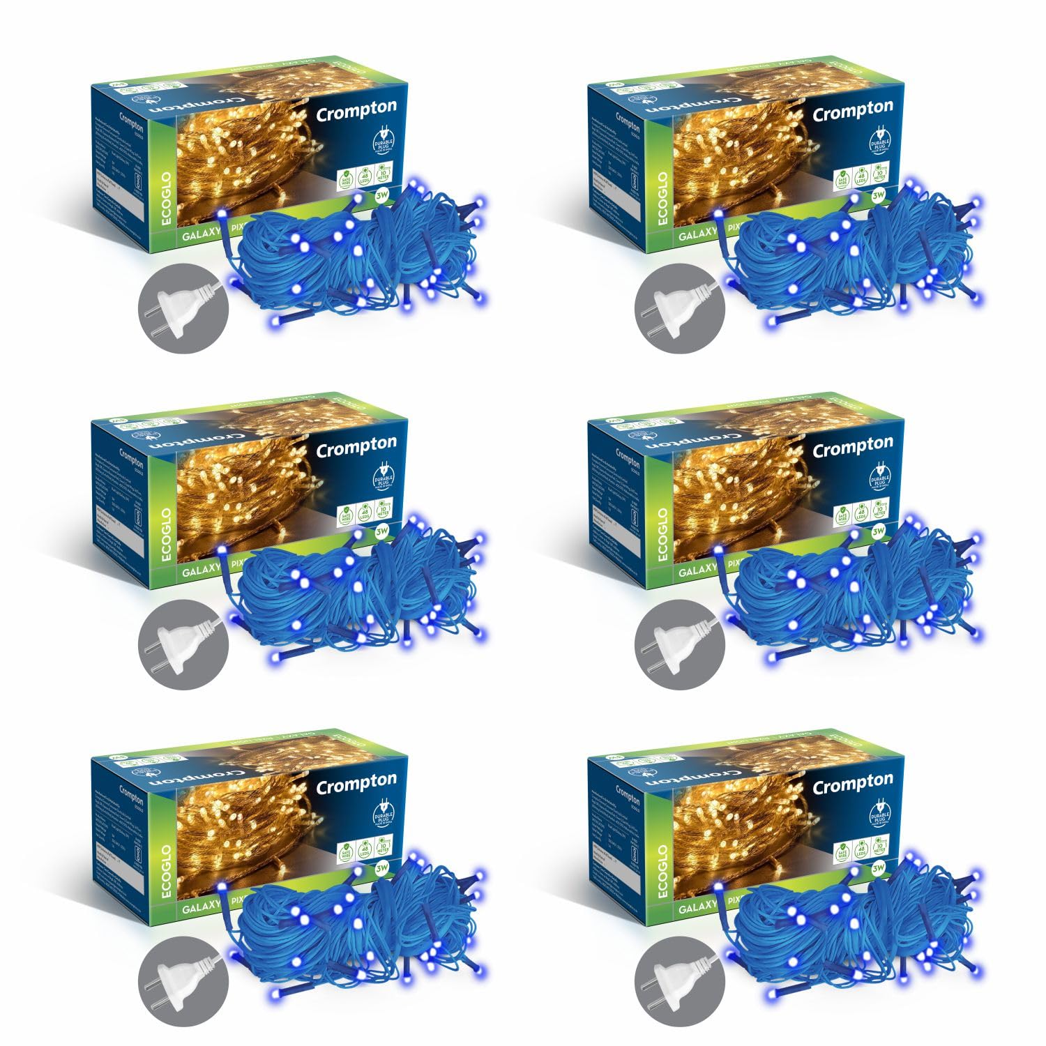 Crompton Galaxy Pixel Light | Festive Ladi Lights | 10 Meter | 48 LEDs | Blue | Pack of 6 | Direct 2-pin Plug | BIS Safe Wire | for Home Decoration, Diwali, Festival, Birthday, Marriage