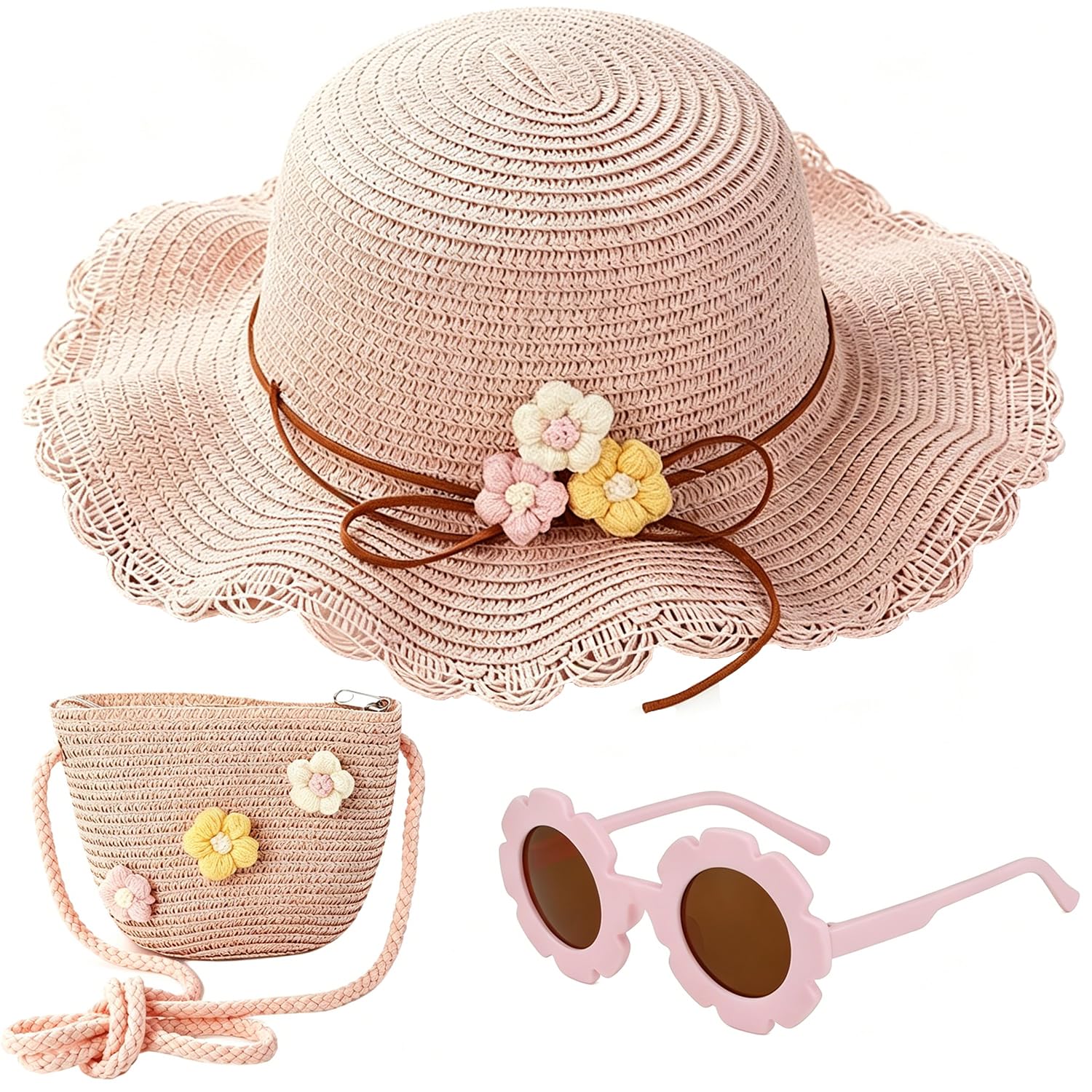 Sombrero de Paja Niñas, Gorra de Sol Chica y Bolsa de Paja Set Gorro de Playa Gafas de Sols Playa de Verano Sombrero Mini Bolsa Cruzada de Pajas Sombreros para Viaje Beach Piscina(Rosa)