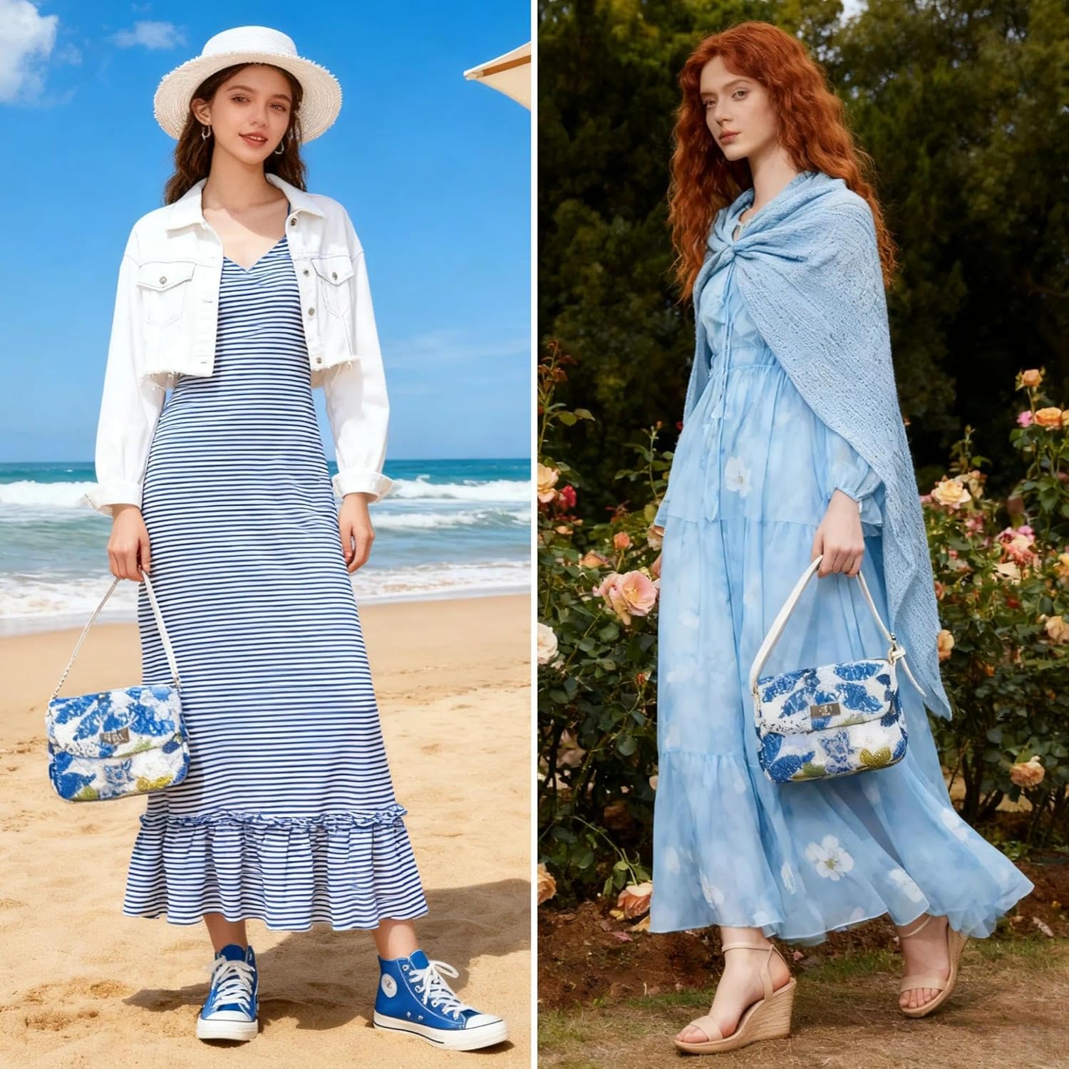 Bohemian Sequin Embroidery Beach Handbag - Straw Shoulder Bag for Vacation Travel (Blue Flowers) - Image 9