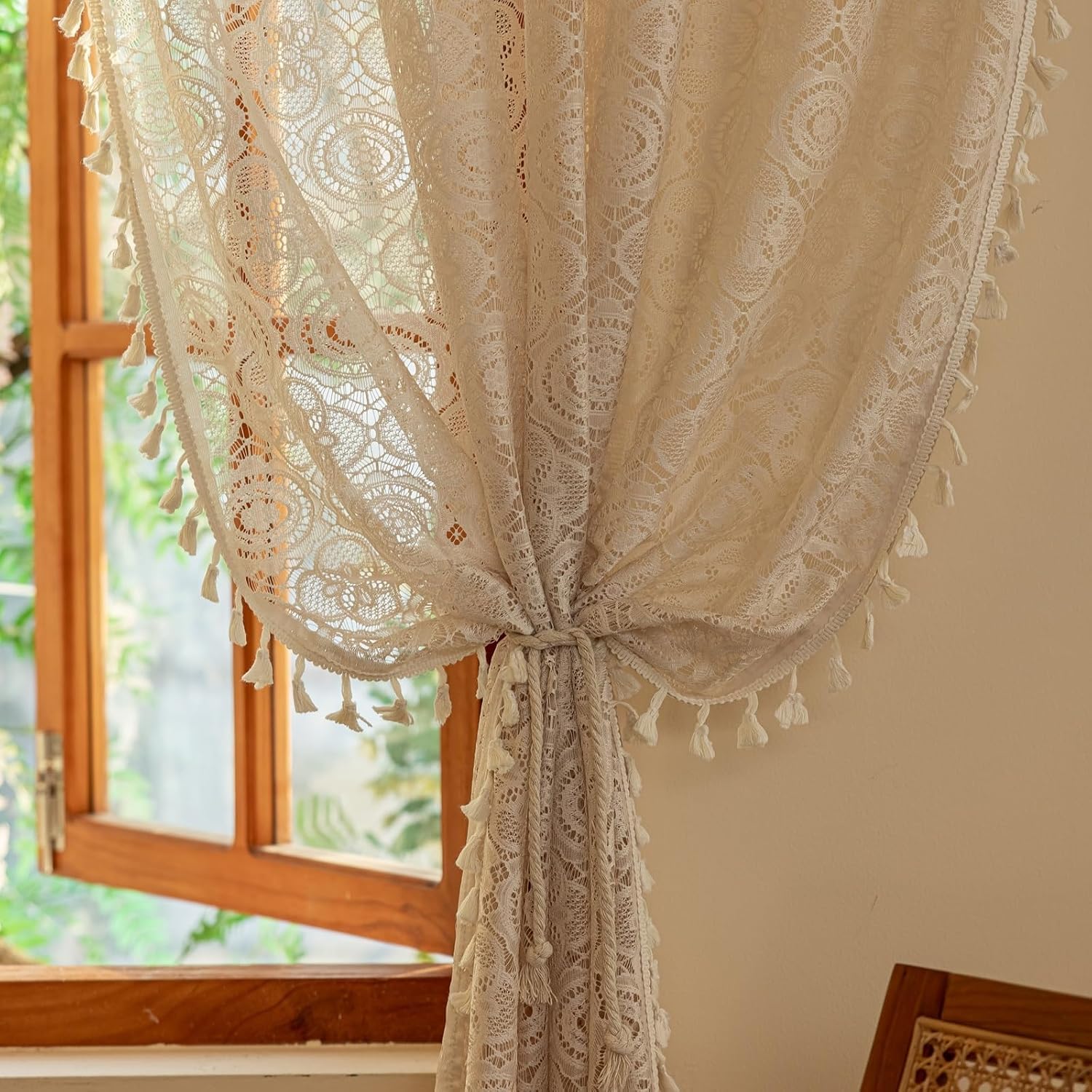 YJ YANJUN Boho Lace Curtains 54 inch Length for Bedroom 2 Panels Vintage Trellis Floral Tassel Sheer Curtains Whimsical Bohemian Curtains Farmhouse Beige Short Kitchen Bathroom Curtains W59 x L54