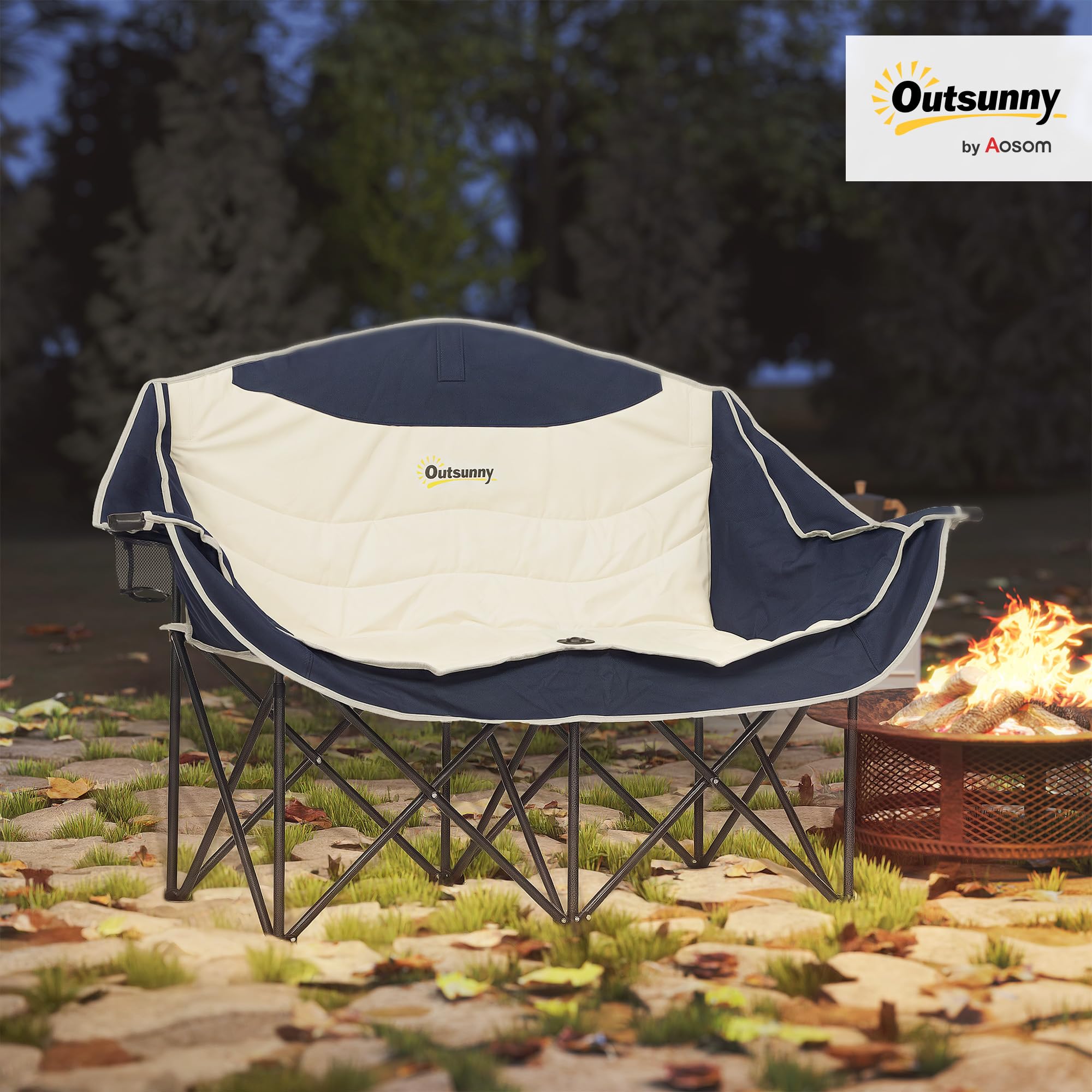 Outsunny Chaise Camping Double avec Porte-gobelet Sac 551 LB Bleu Marine | Porte-gobelet, porte-verre à vin, sac de transport, causeuse pliante, randonnée, pique-nique, plage
