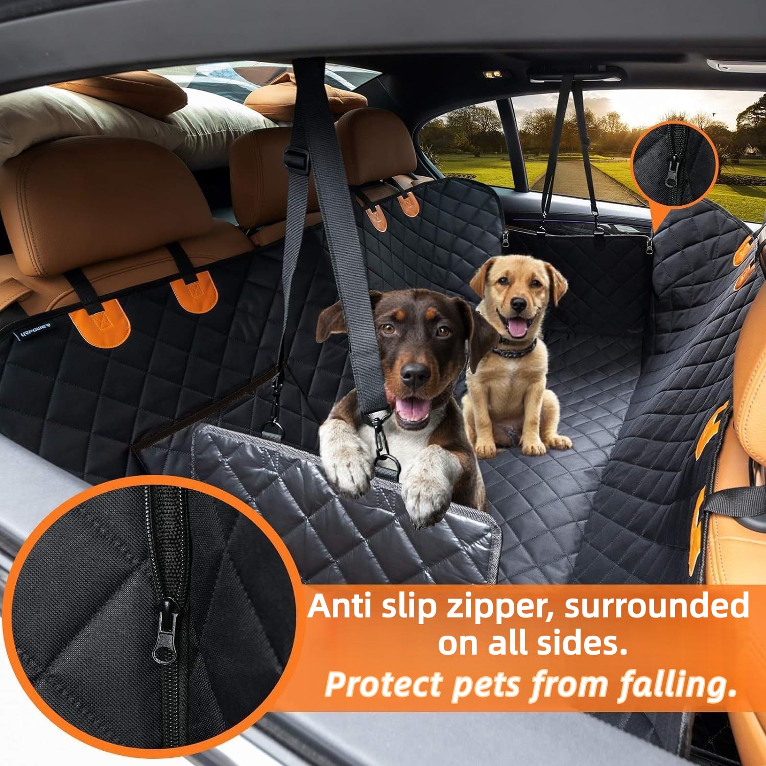 Dog Car Seat Cover for Back Seat,Heavy Duty Dog Hammock for Car with Side Flap,100% Waterproof Pet Backseat Cover, Anti-Scratch Nonslip Pet Seat Protector for Cars Trucks and SUV (Black with Orange) - image 3
