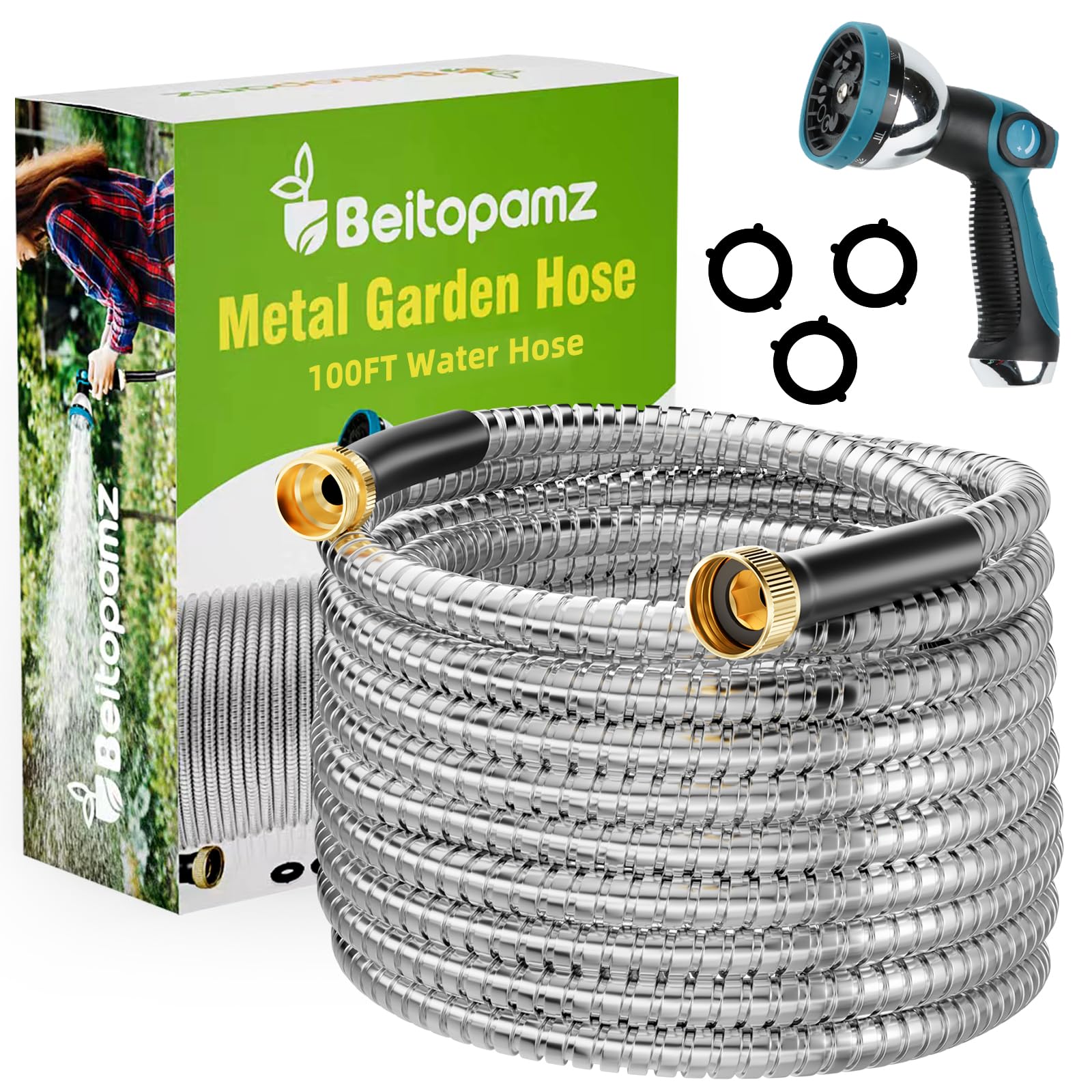 100 ft Garden Hose, Stainless Steel Metal Water Hose 100 Feet with Nozzle, Flexible, Rust Proof, No-Kink, Heavy Duty, Leakproof 3/4 in Fittings, Lightweight Metal Hose, BT100S Model