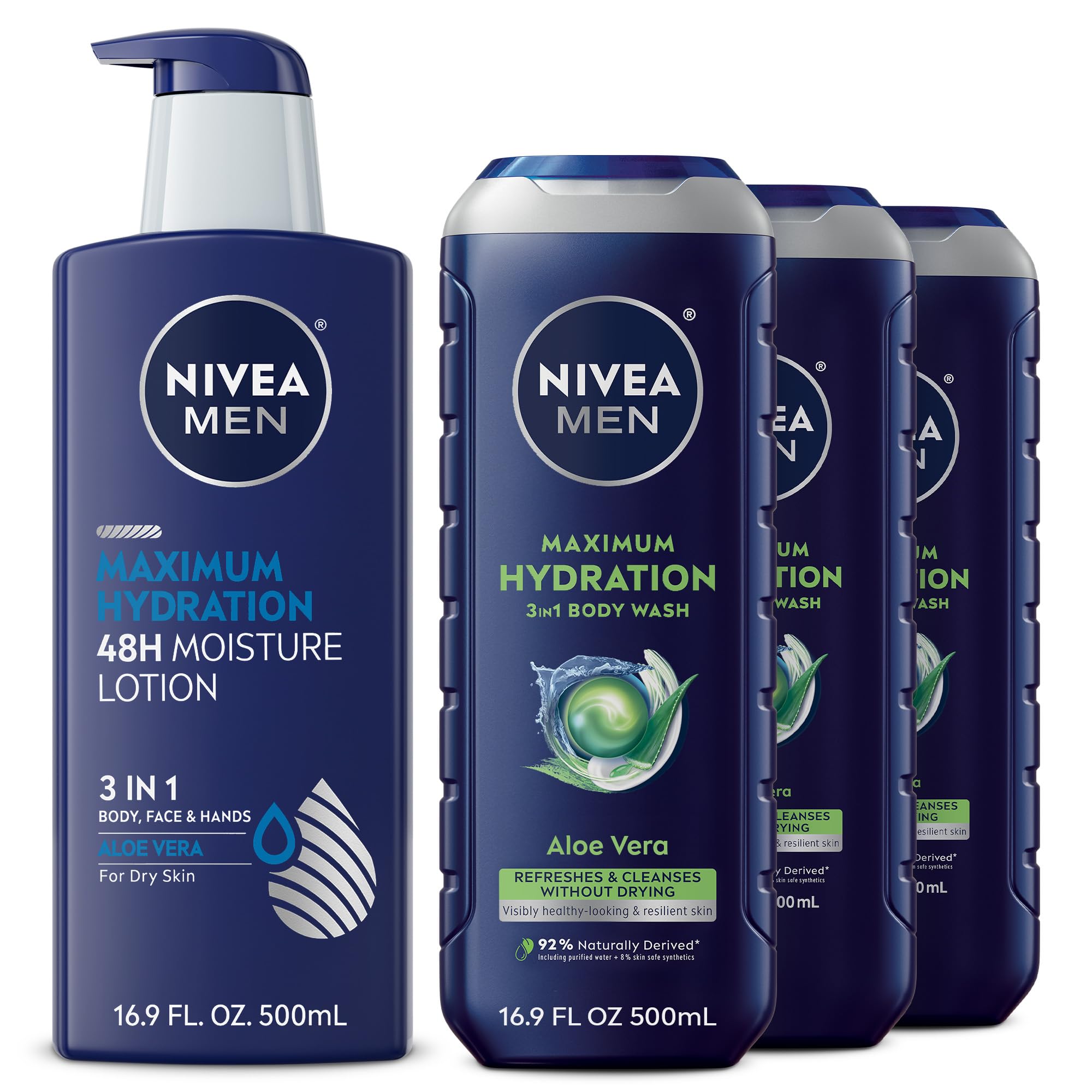 Maximum Hydration Body Lotion (16.9 Fl Oz) Men Maximum Hydration Body Wash (3 x 16.9 Fl Oz), Skin Care Set for Men with Aloe Vera