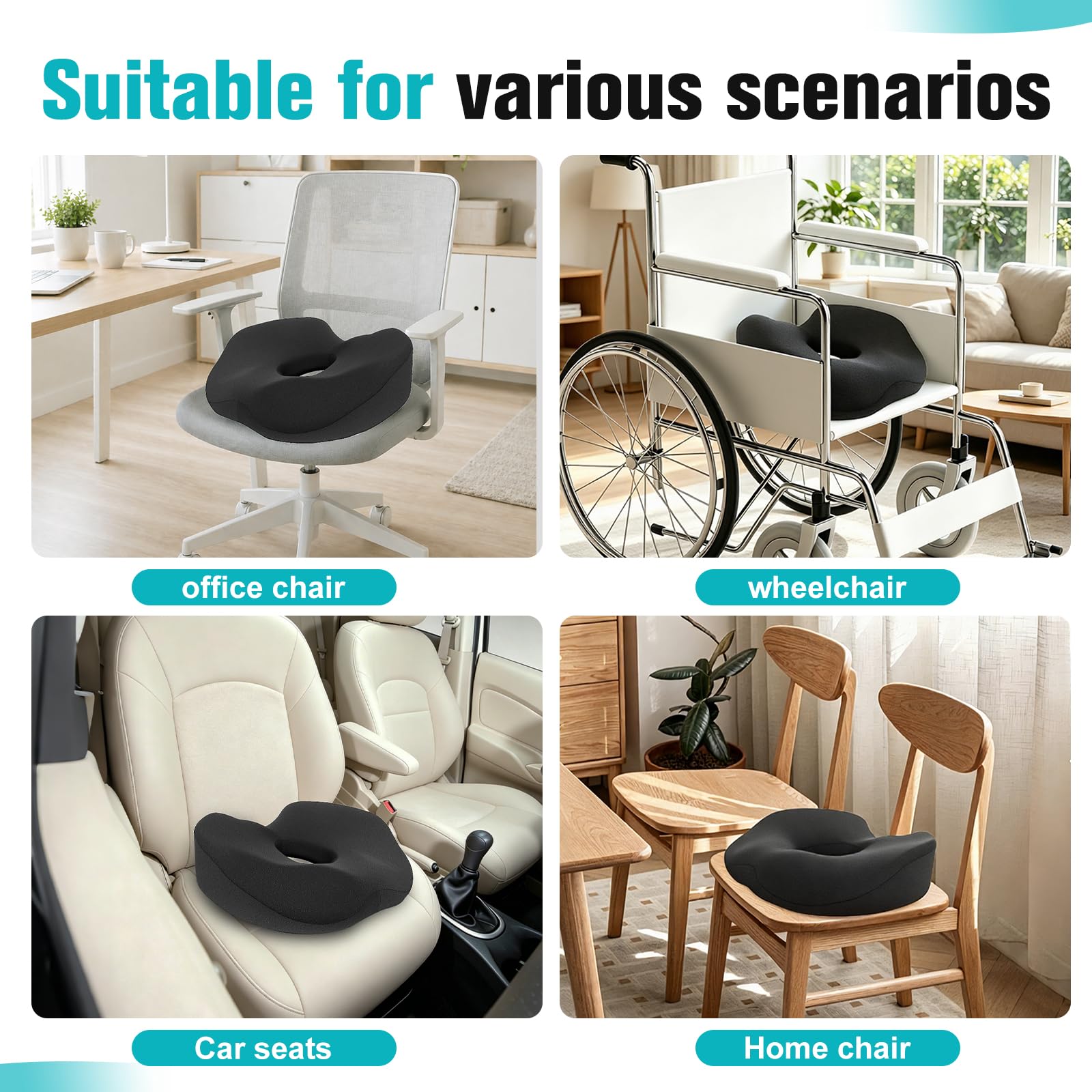 KIENG Cuscino da seduta in memory foam, per coccige, per alleviare la sciatica, il dolore all'anca e al coccige, per sedie da ufficio, sedie a rotelle, auto, con base antiscivolo per sedersi a lungo