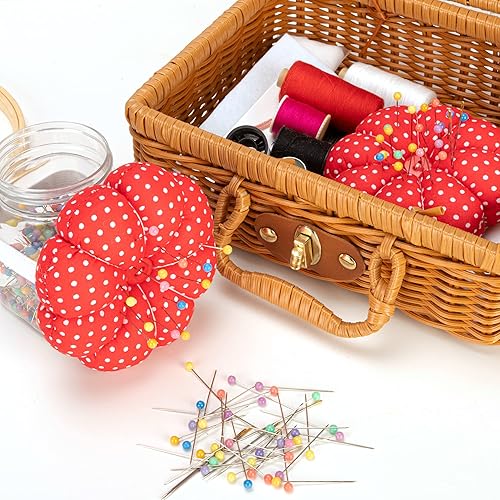 Miniatura 7 de NEOVIVA Pinc para coser con pulsera, bonito cojín de muñeca para costura diaria, estilo calabaza, paquete de 2, lunares rojos