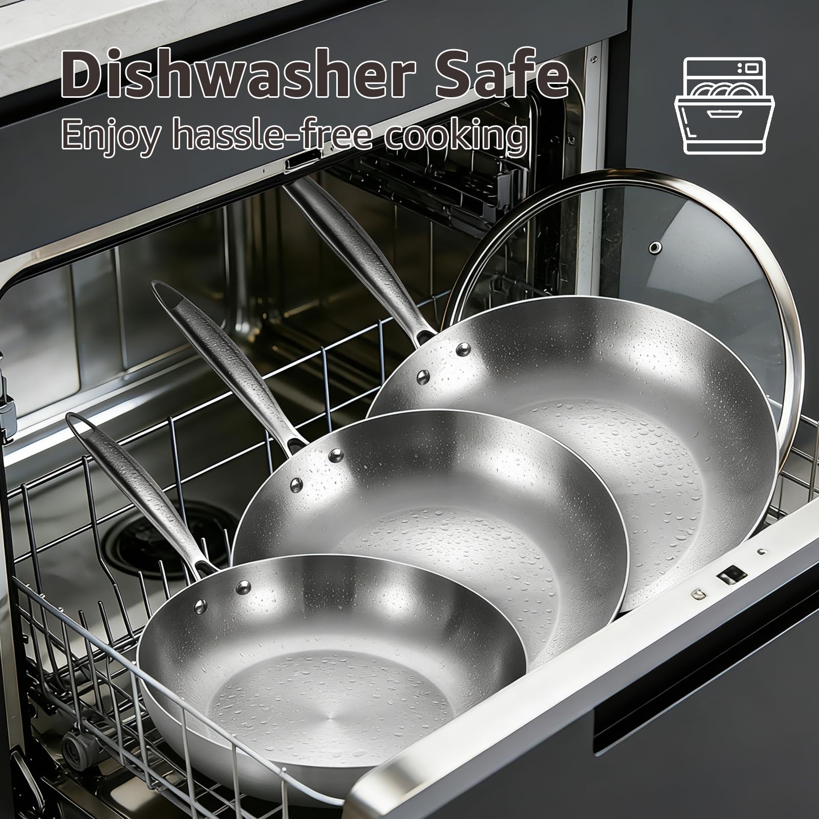 Inqibee Set di padelle in acciaio inox, 20/24/28 cm, con coperchio, in acciaio inox, non rivestite, per cottura a induzione e tutti i piani cottura, adatto al forno, lavabile in lavastoviglie