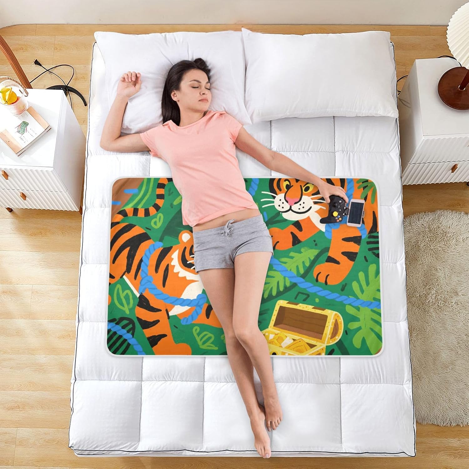 Cartoon Orange Tigers Treasure Green Extra Large Resuable Potty Training Pee Pad Waterproof Washable Underpads Wetting Cover Leakproof Quick Drying Pad Liner for Kids Adults Pets , 52" L x 34" W