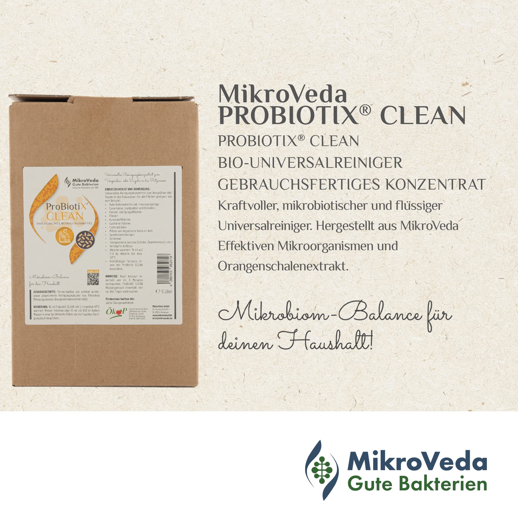MikroVeda ProbiotiX Clean mikrobiotisches Bio-Reinigungsmittel, 100% natürlicher Allzweckreiniger, Orangenreiniger Konzentrat 5l