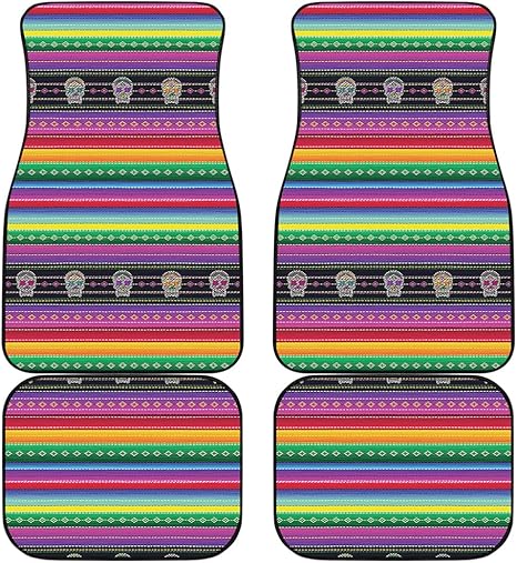 Mexican Serape Sugar Skull Pattern Car Floor Mats | Front & Back | Automotive Accessories | Colorful Print | Universal Fit | Vehicle Interior Decoration | Auto Decor | Unique Gift Idea