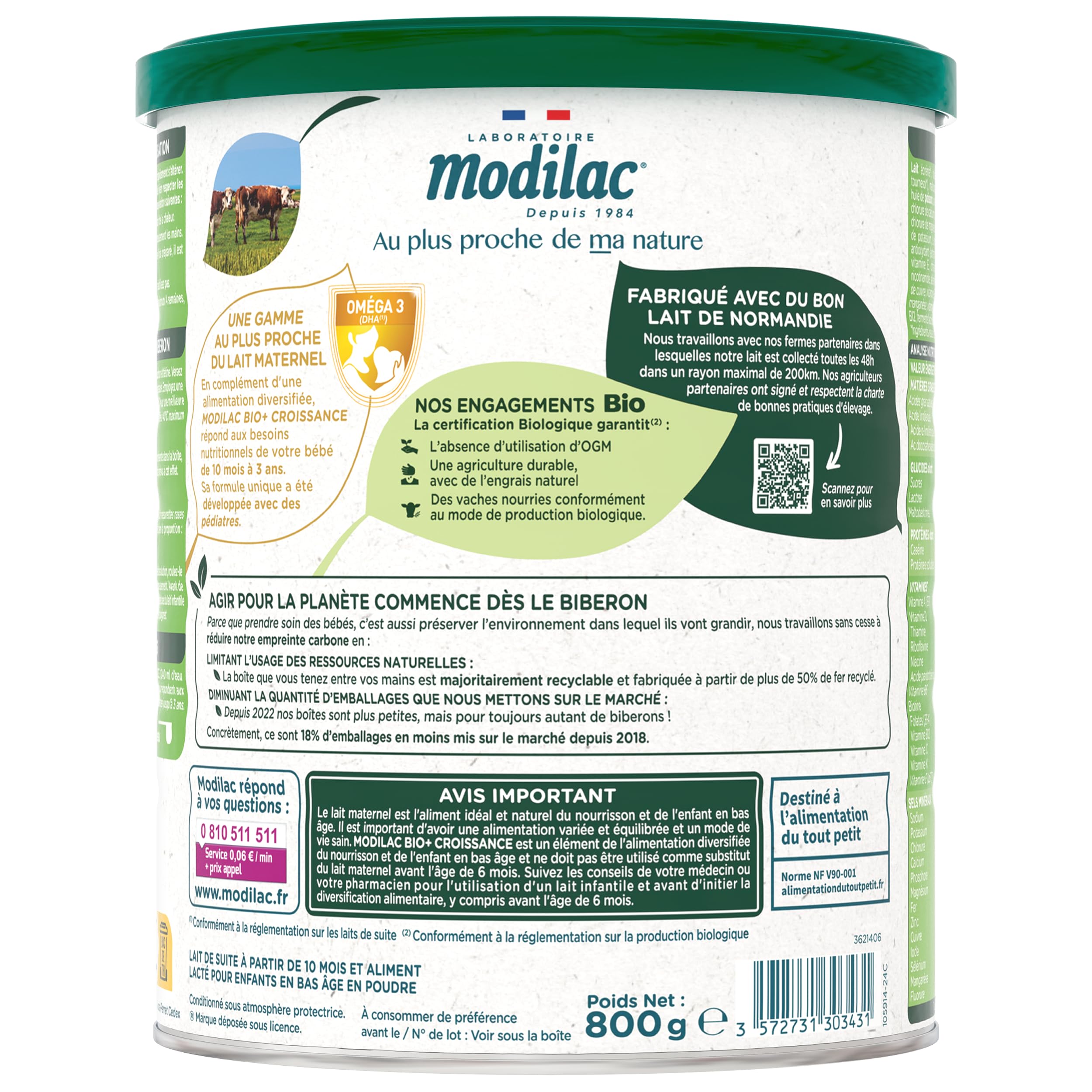 Modilac Latte in polvere per bambini Bio+ Crescita - Latte francese ricco di acidi grassi essenziali, certificato AB, prodotto in Francia senza olio di palma - 12-36 mesi - 800 g