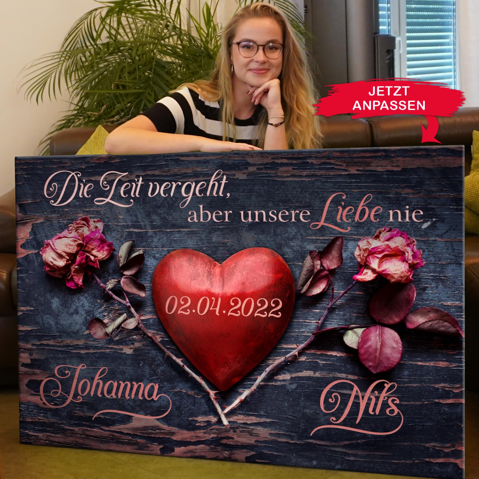 Liebesleinwand Individuelles Wandbild | Jahrestag, Hochzeitstag Geschenke für Frauen | Leinwand mit Namen und Datum gestalten | Unsere Liebe vergeht nie