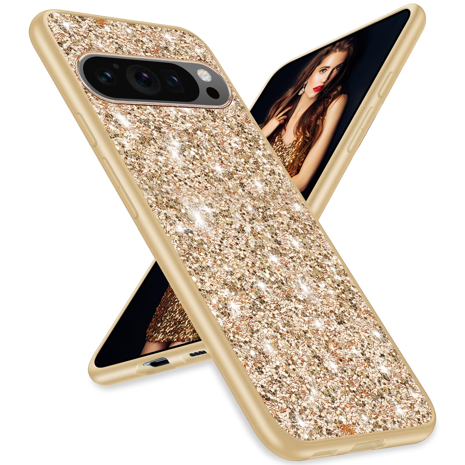 for Google Pixel 9 Pro XL Case Glitter Pixel 9 Pro XL Slim Case Sparkle Diamond TPU Bumper Full Body Shockproof Protection Case for Google Pixel 9 Pro XL Phone Case Women Girls Soft Cover (Gold)