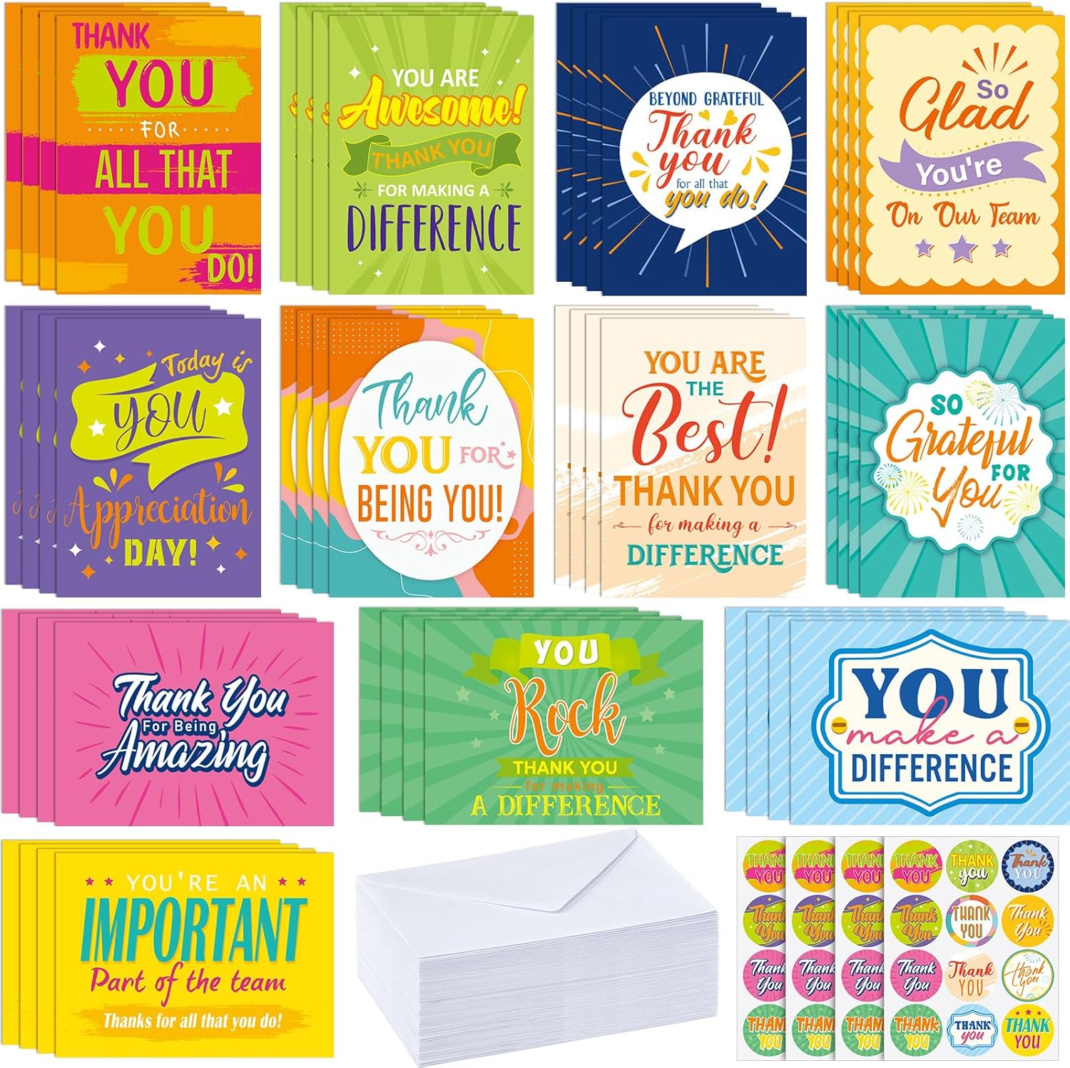 Colarr 120 Set Appreciation Cards Bulk with Envelopes and Stickers Employee Appreciation Cards Thank You Card Set Team Thank You Gifts for Teacher Administrative Professional Day Staff Volunteer