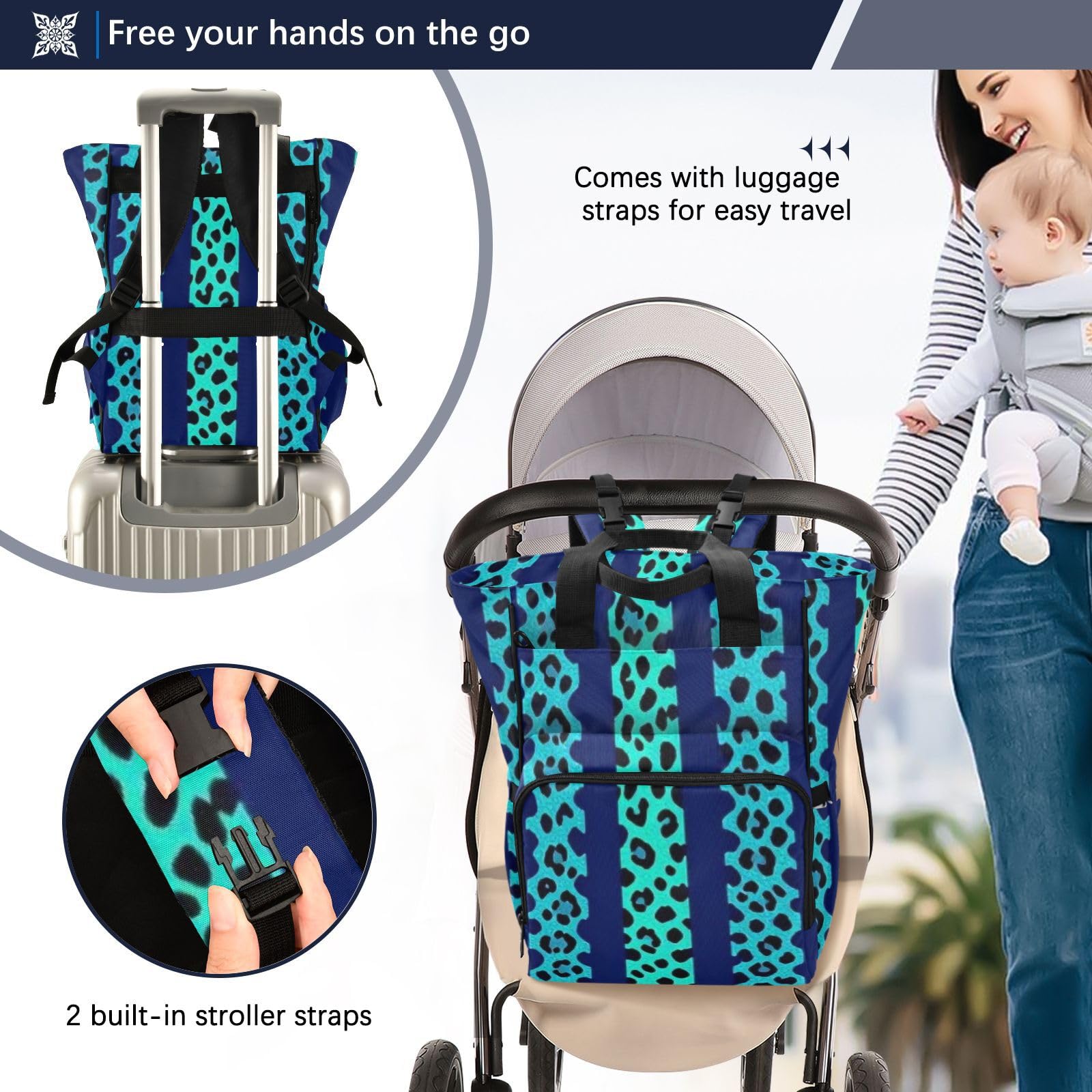 Borsa per pannolini zaino da donna Neon Teal Blue Leopard Print