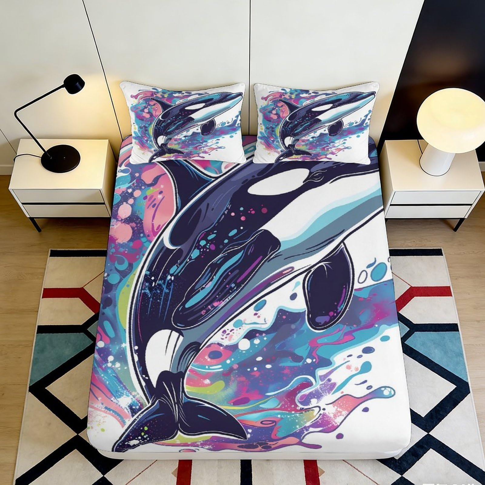 3D Printed Whale Pattern Fitted Sheet Microfiber Elastic Hem for Bedroom Bedding Whale Mattress Fitted Cover Deep Pocket Non-Slip 120x200x25cm