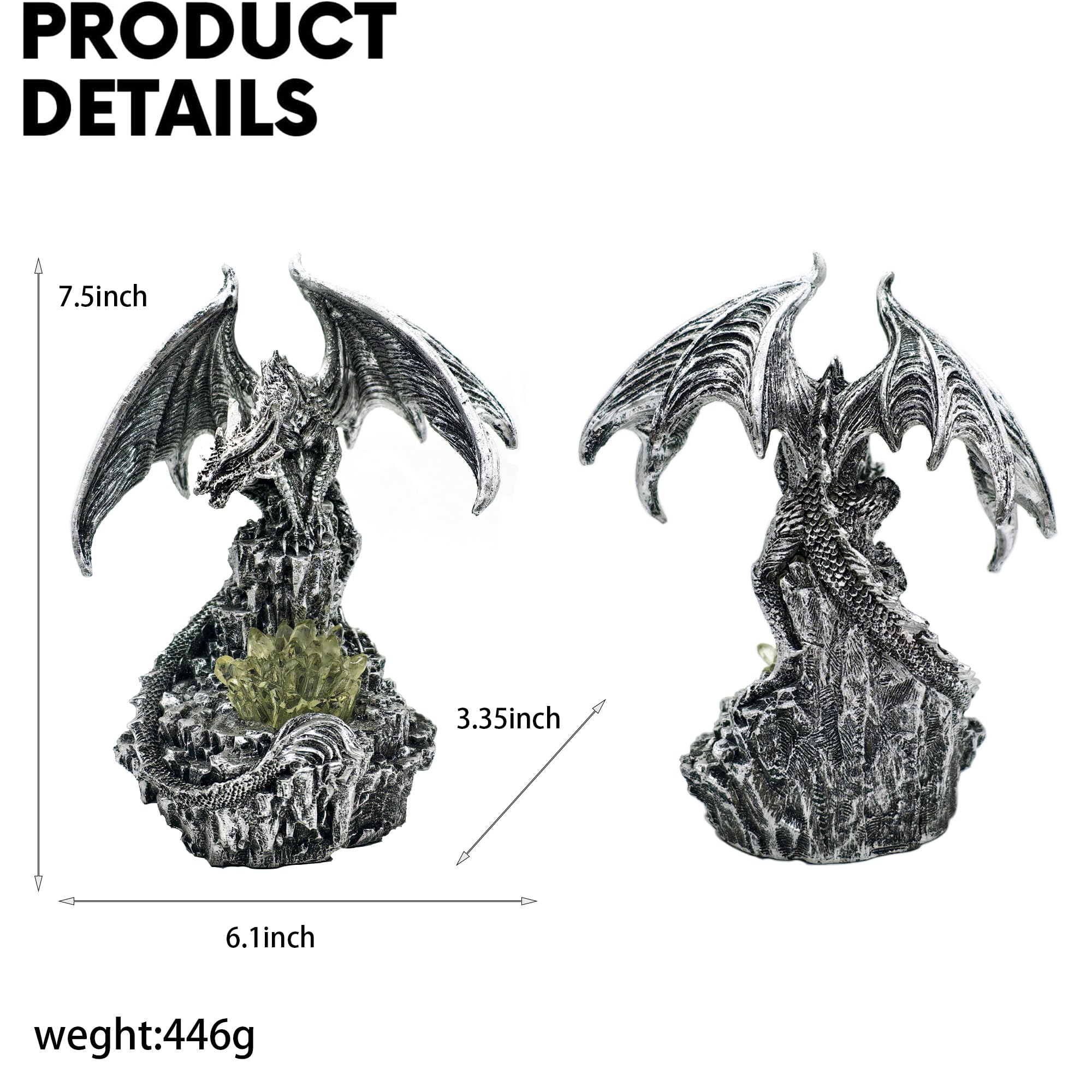 Statua decorativa a forma di drago in finto cristallo, con luci a LED, per libreria, idea regalo per gli amanti dei draghi (argento)