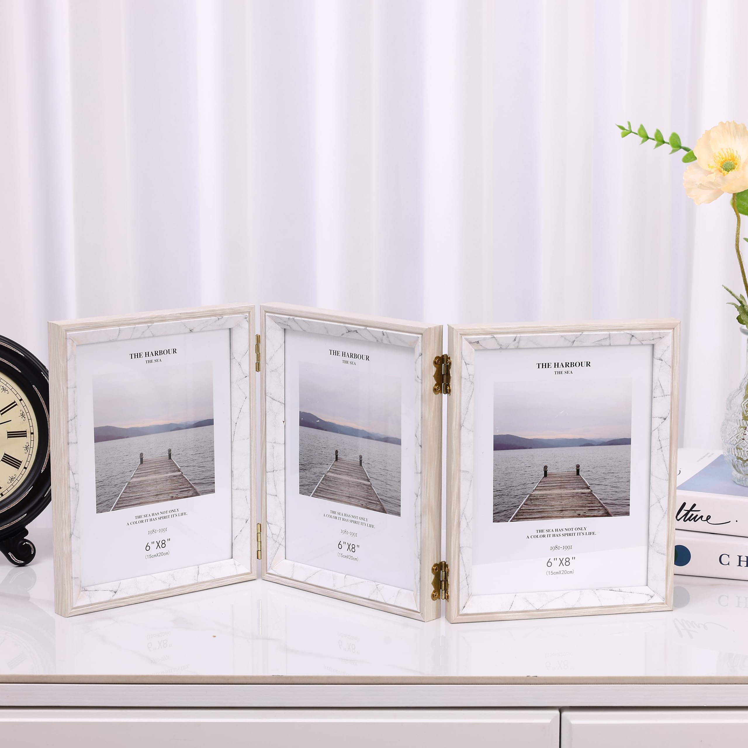 HOME ELEMENTS Wooden Trifold Photo Frame, Folding Collage Photos Frames, Decorative Picture Frames for Tabletop Display Perfect for Home Decor, Table Decor, Office, Living Room, Special Occasions (6" x 8")-image-15