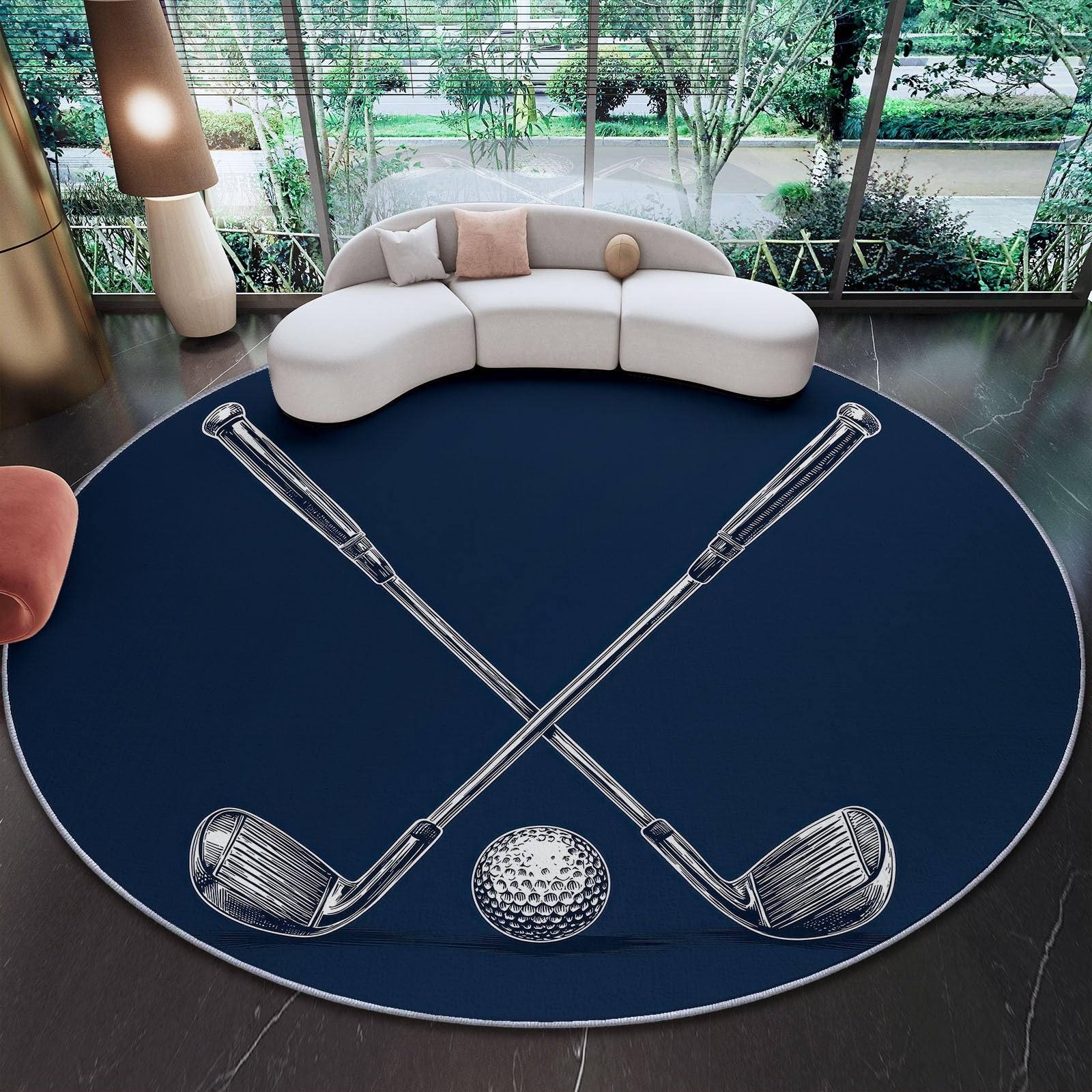 Okrągły dywan sportowy piłka golfowa linie klubowe nadaje się do prania, antypoślizgowy okrągły dywan do salonu, sypialni, kuchni, biura, jadalni, wewnątrz, niebieski, niskie runo, okrągłe dywany 120