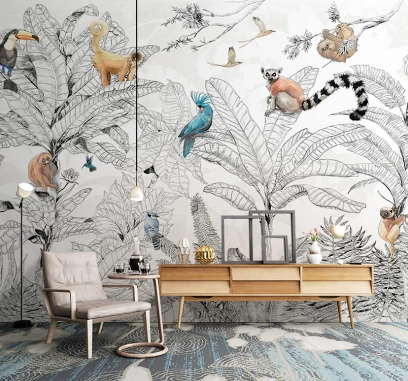 XLMING Hand Drawn Black and White Forest Animals Plants 3D Wallpaper Luxury Home Dining Decor Paste Sofa Living Room The Wall for Bedroom Mural-350cm×256cm