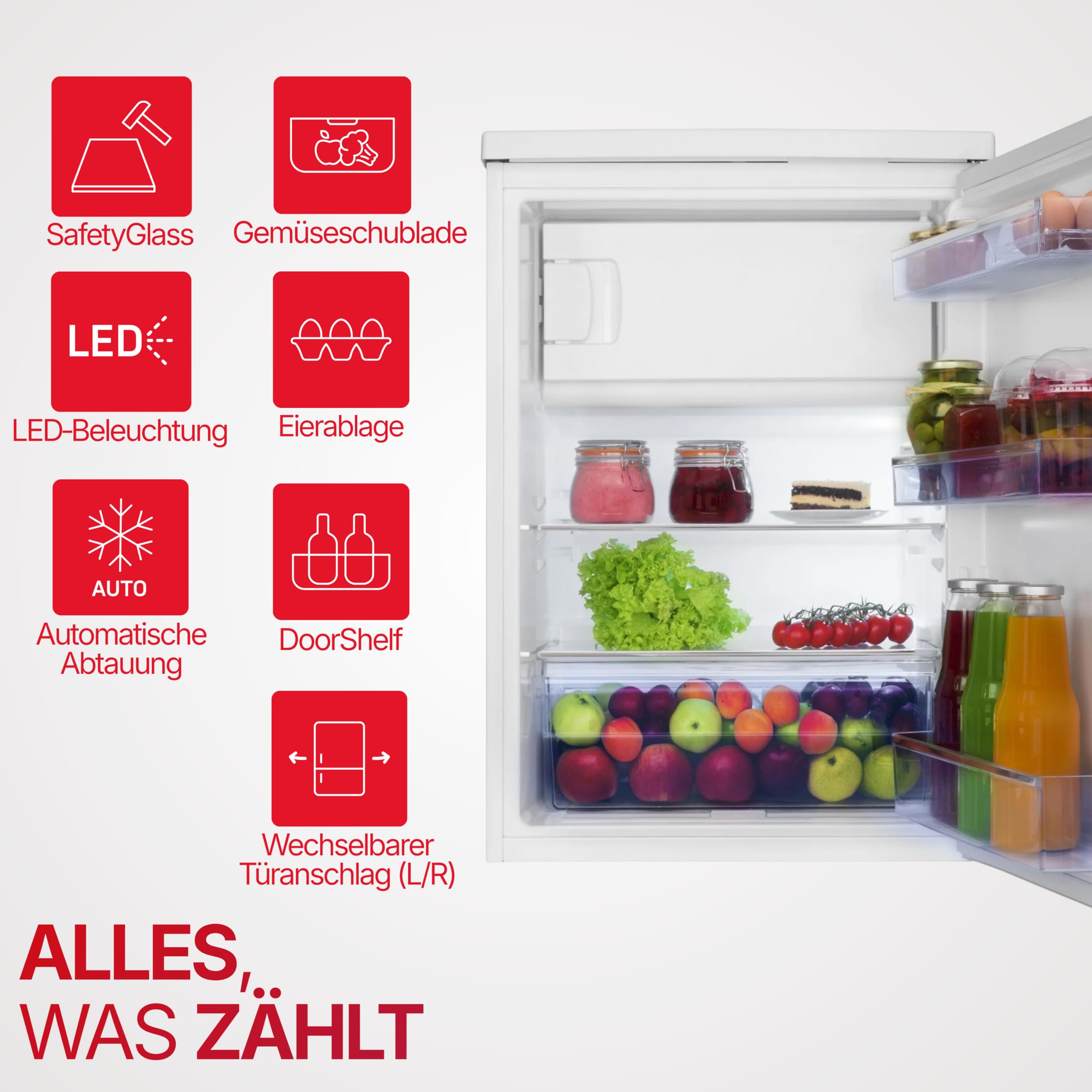 Amica Frigorífico independiente con congelador de 136 l, iluminación LED, estantes de cristal de 85 x 60 x 64,8 cm, frigorífico pequeño blanco