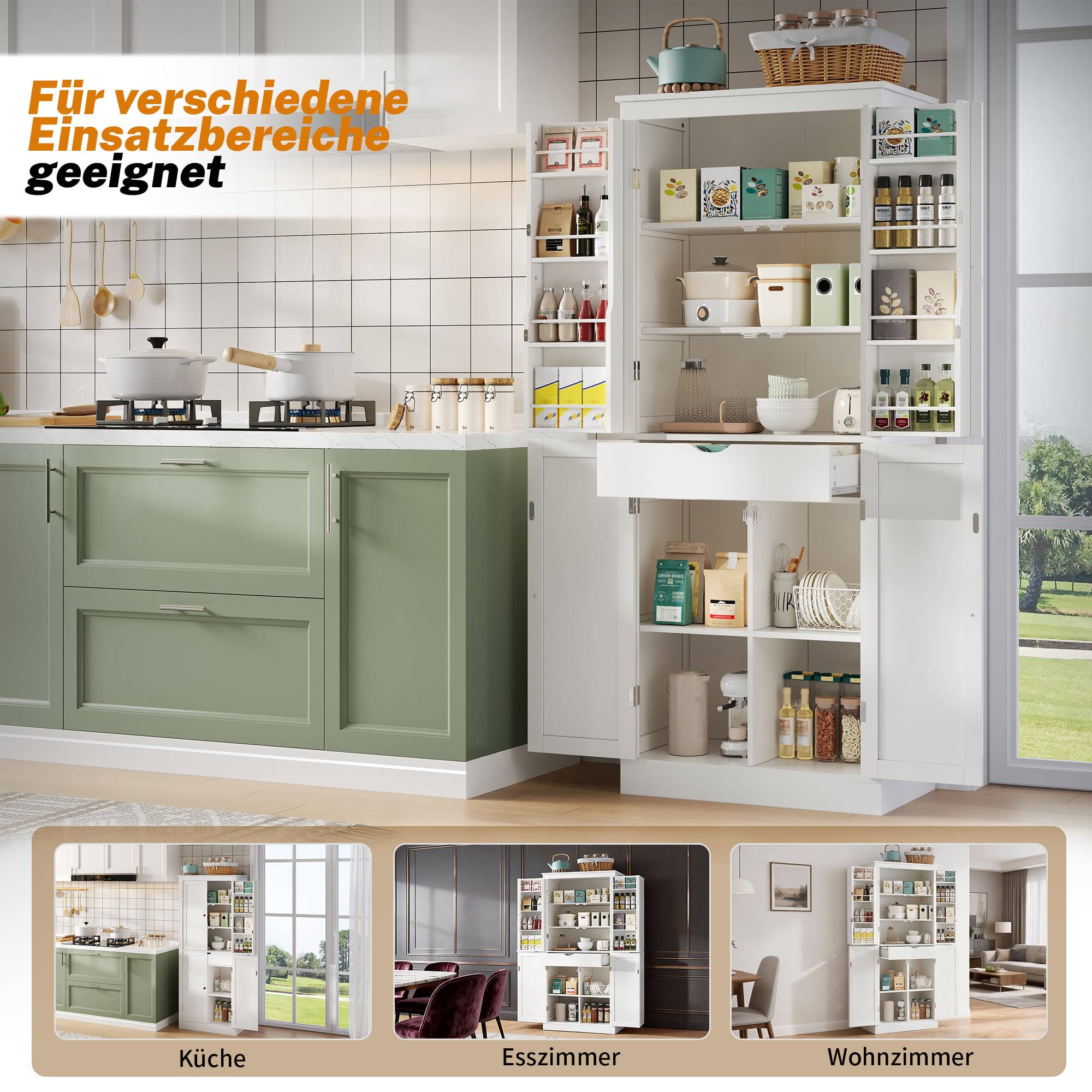 Armario de cocina de 182 cm, armario alto con 4 puertas y 1 cajón, armario de 6 compartimentos, 4 estantes ajustables y estantes para puertas, armario de almacenamiento para cocina (blanco, B)