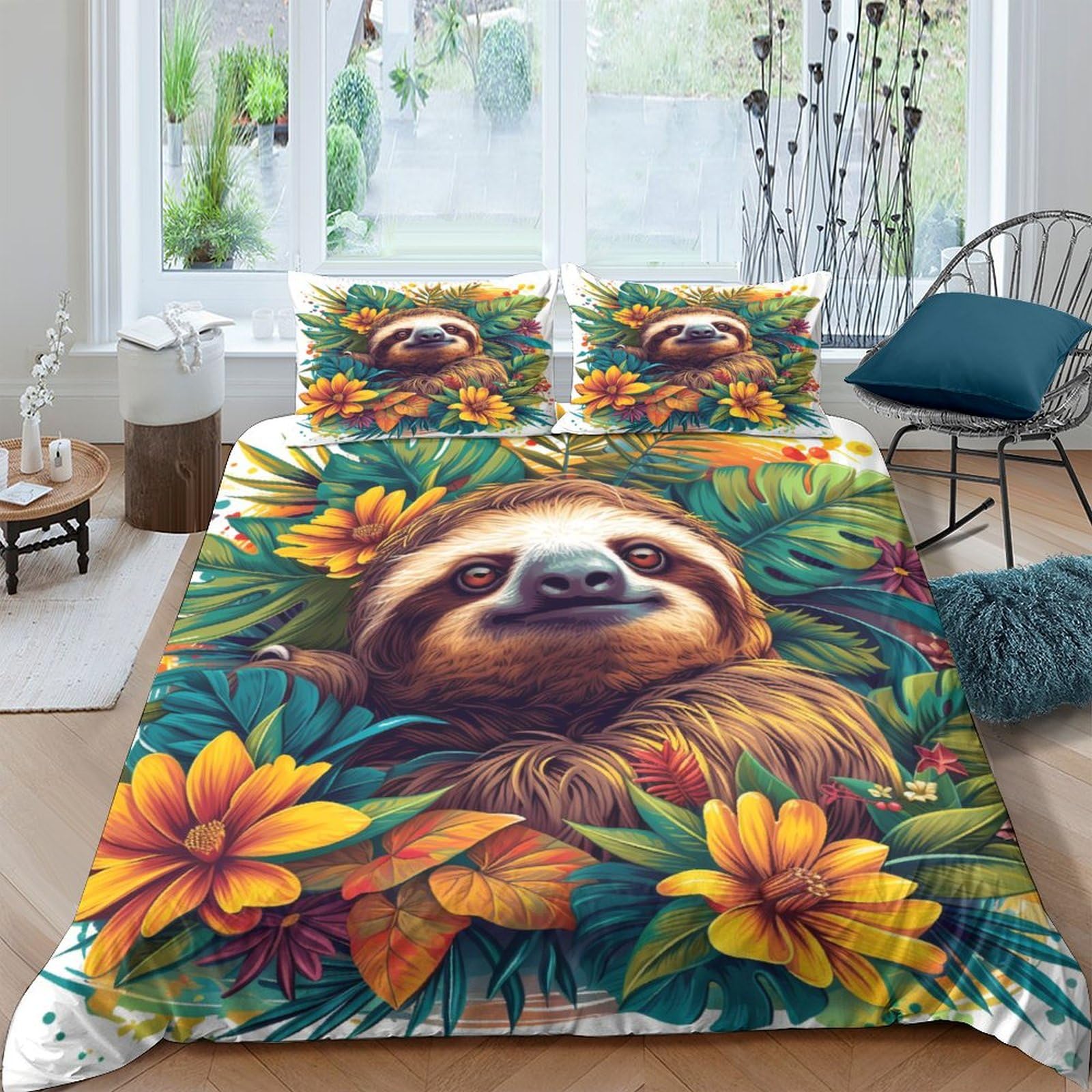 Housse de couette paresseux en microfine 3D wild animal, parure lit 220x240cm à fermeture éclair