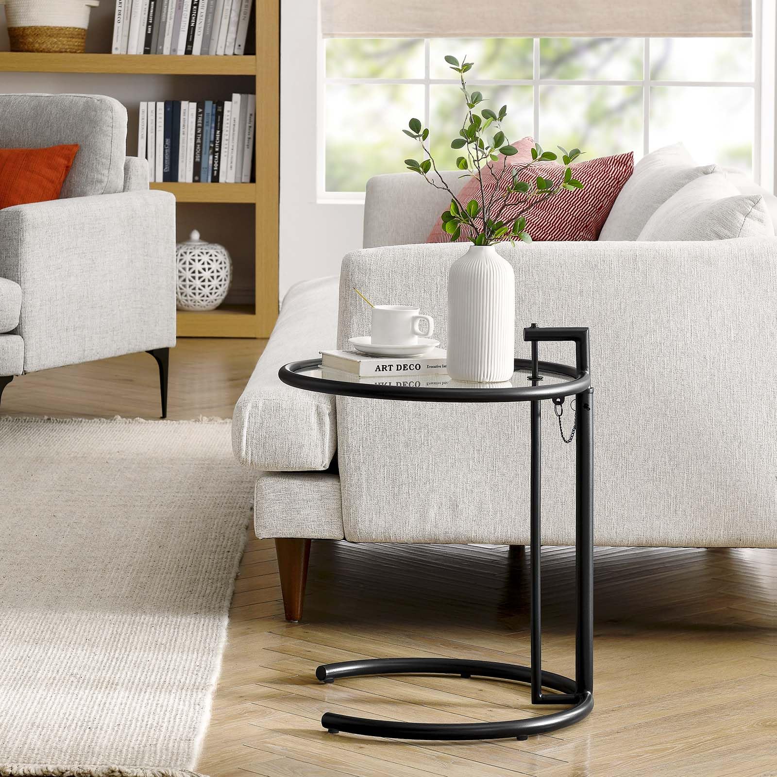 Modway Eileen Gray Metal Side Black, Height Adjustable C End Tempered Glass Top - A Chic and Versatile Small Accent, Drink, Corner Table