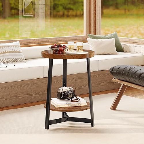 Miniatura 5 de Mesa auxiliar redonda industrial de 2 niveles con estante de almacenamiento, mesa auxiliar con bandeja decorativa con soporte de metal triangular,