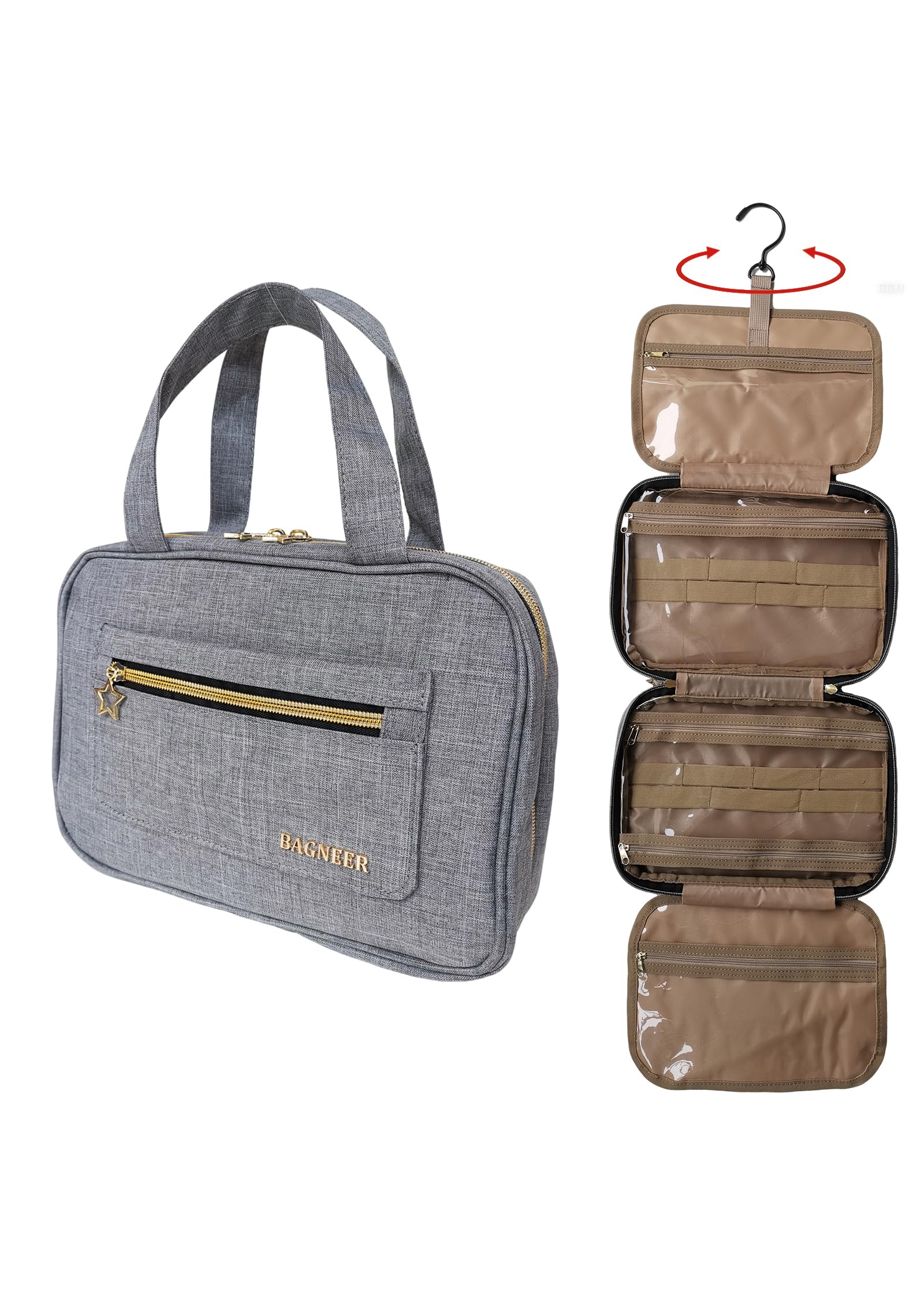 BAGNEER Travel Toiletry Bag with Hanging Hook, Water-resistant Makeup Cosmetic Bag Travel Essentials Bathroom Organizer for Accessories, Shampoo,