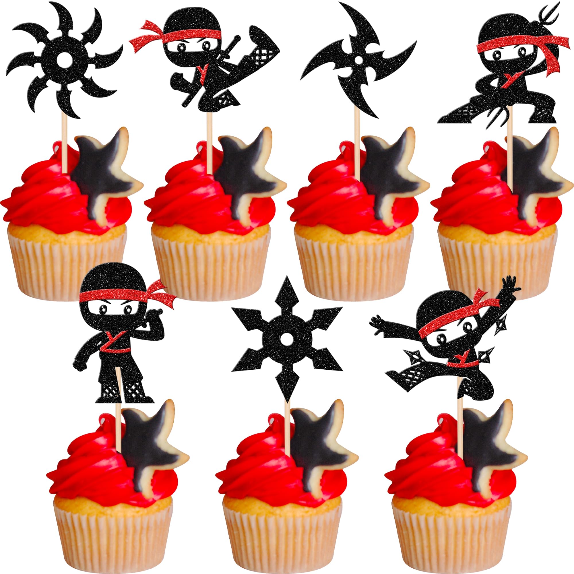 28 PCS Ninja Cupcake Toppers Glitter Darts Martial Arts Karate Kung Fu Warriors Cupcake Picks for Ninja Theme Baby Shower Kids Samurai Birthday Party Cake Decorations Supplies